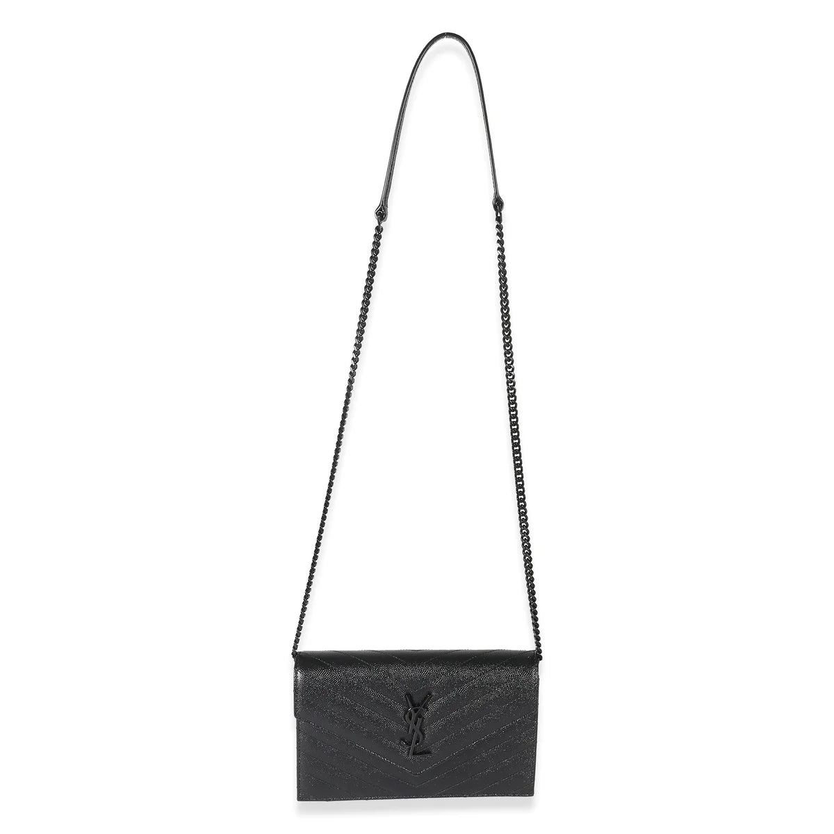 SAINT LAURENT - Black Matelassé Grain De Poudre Cassandre Envelope Chain Wallet