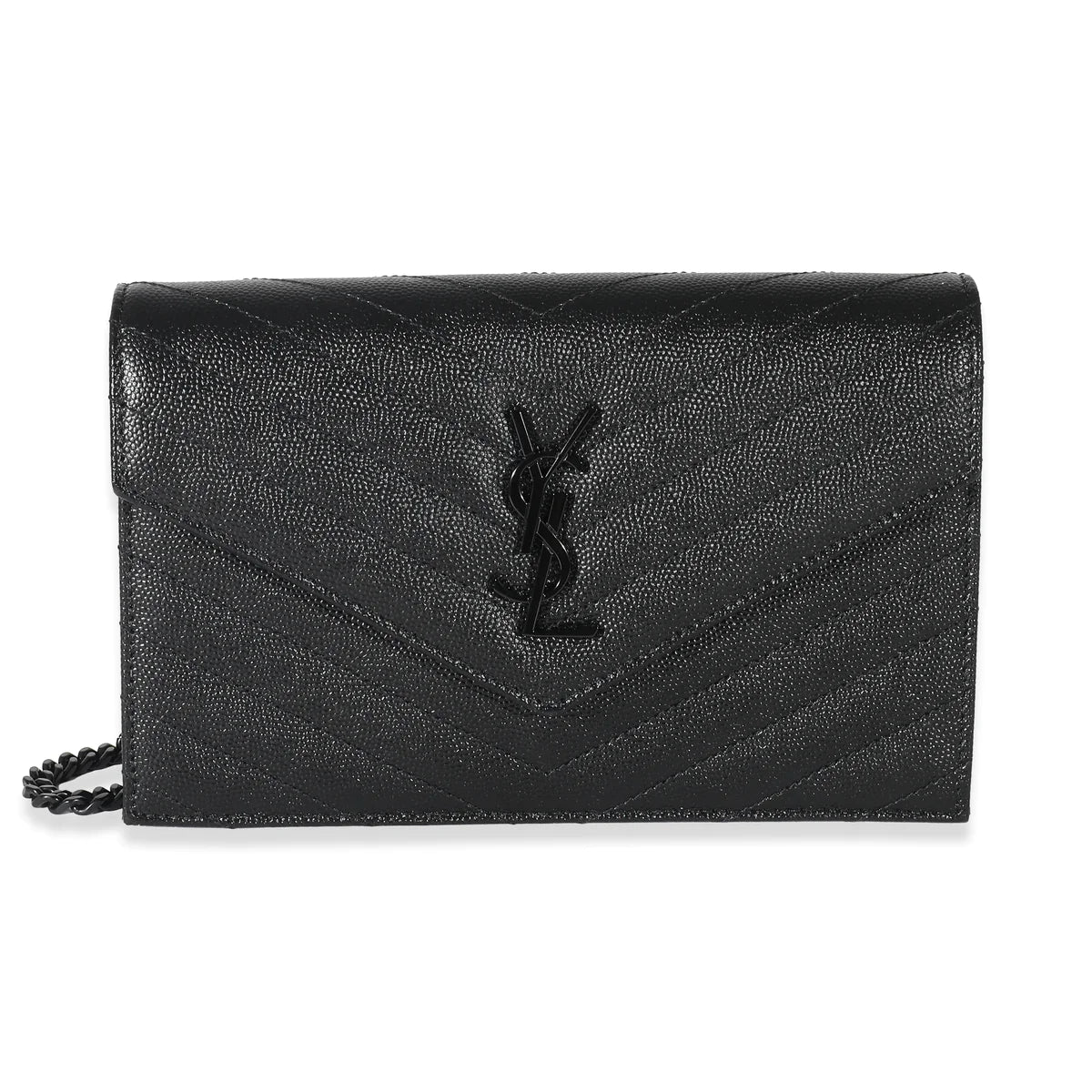 SAINT LAURENT - Black Matelassé Grain De Poudre Cassandre Envelope Chain Wallet
