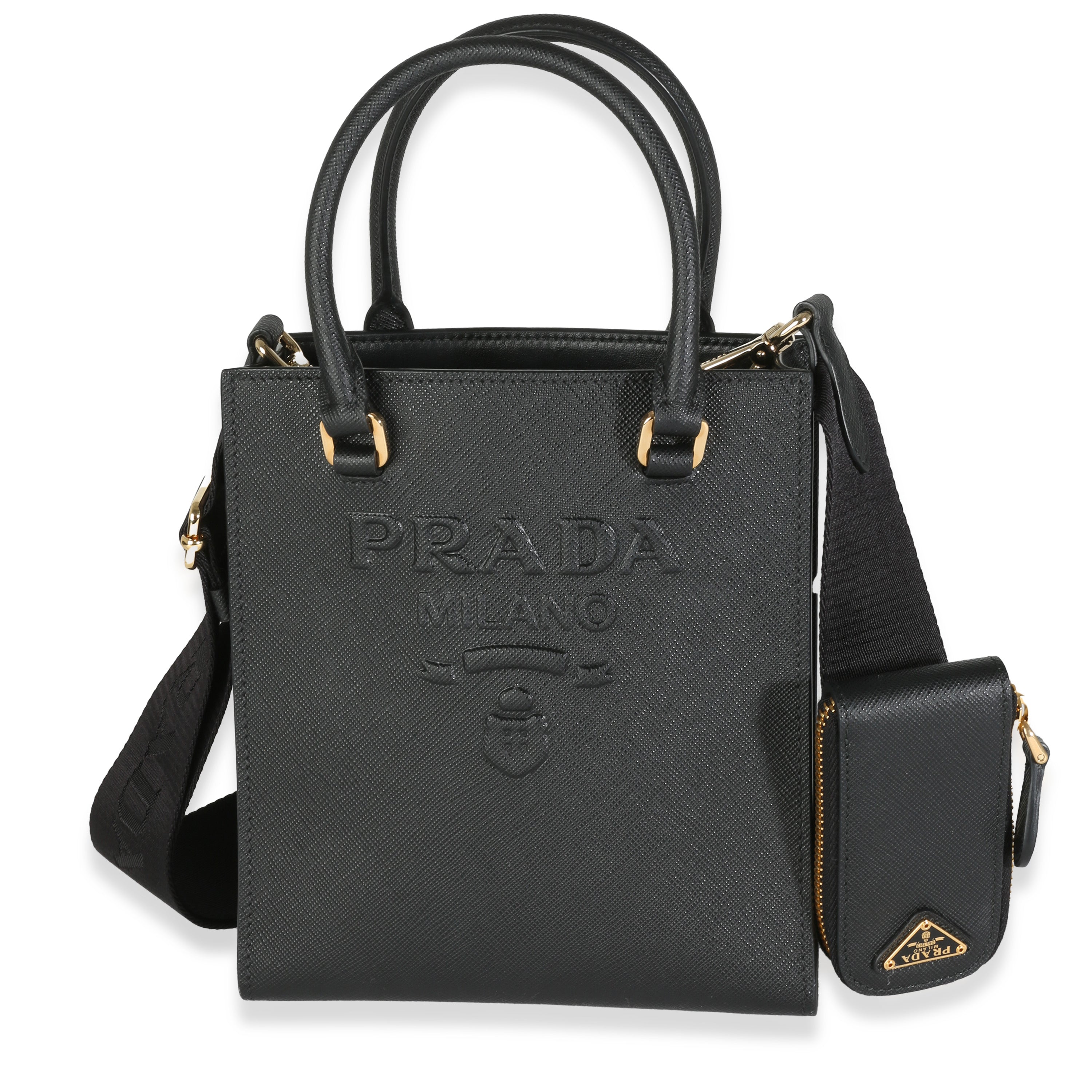 PRADA - Black Saffiano Lux Embossed Logo Mini Tote Crossbody Bag