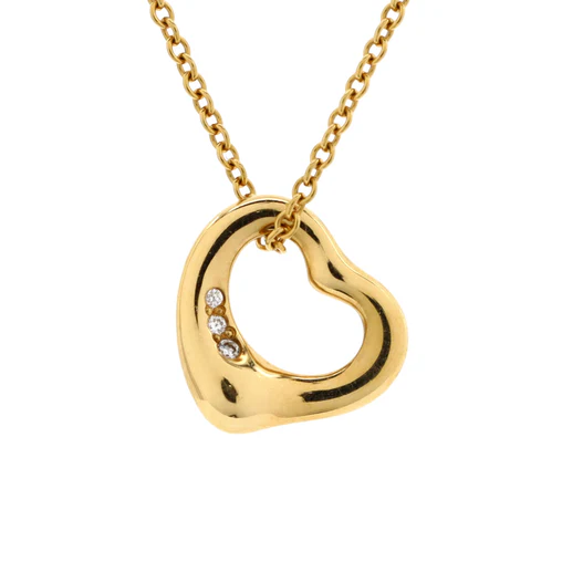PRE-OWNED Elsa Peretti Open Heart 3 Diamonds Pendant Necklace 18K Yellow Gold with Diamonds 11mm