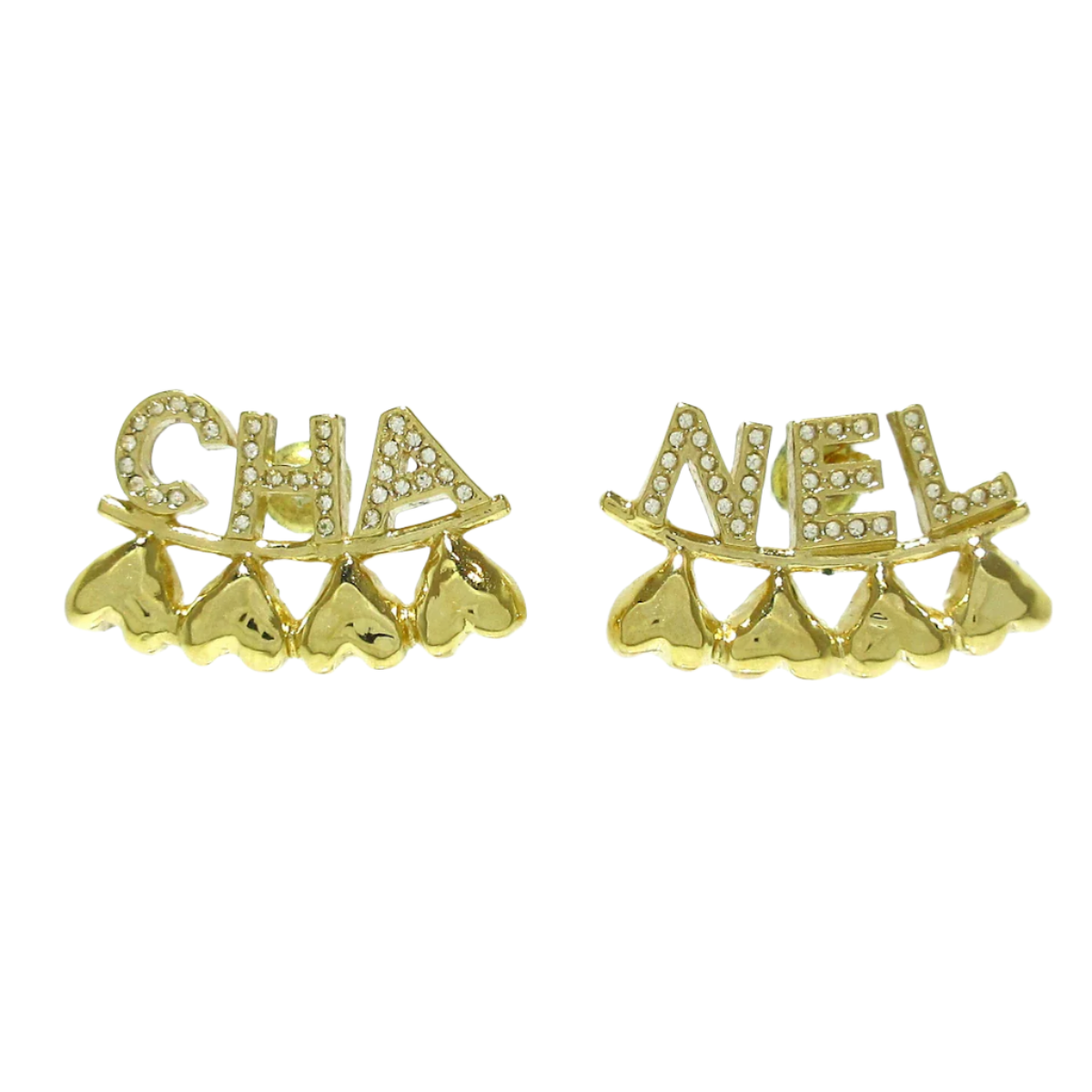 PRE-OWNED CC Crystal Heart Cha-Nel Logo Earrings Gold