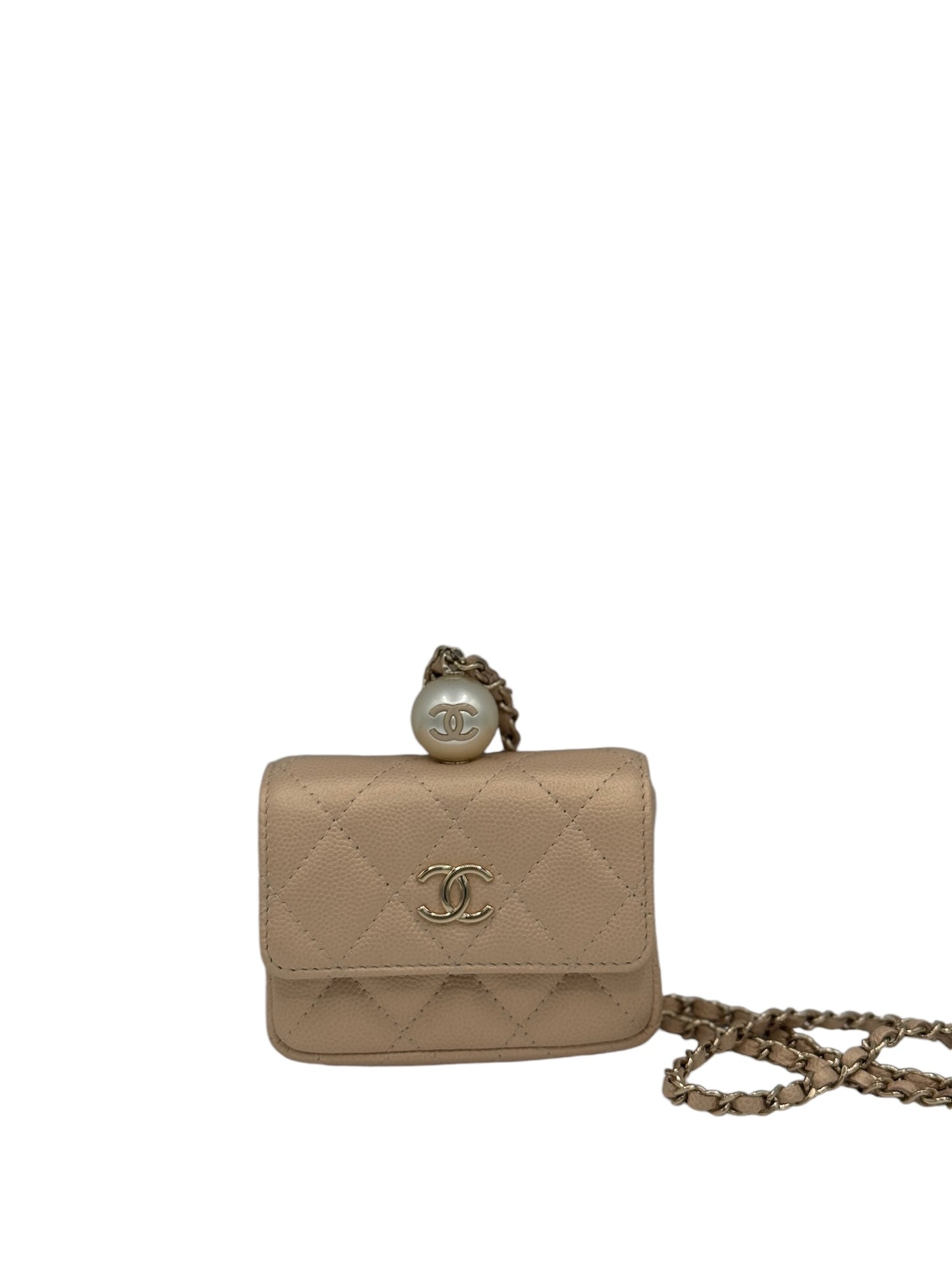 PRE-OWNED CC Pearl Beige Iridescent Caviar Quilted Card Holder With Chain