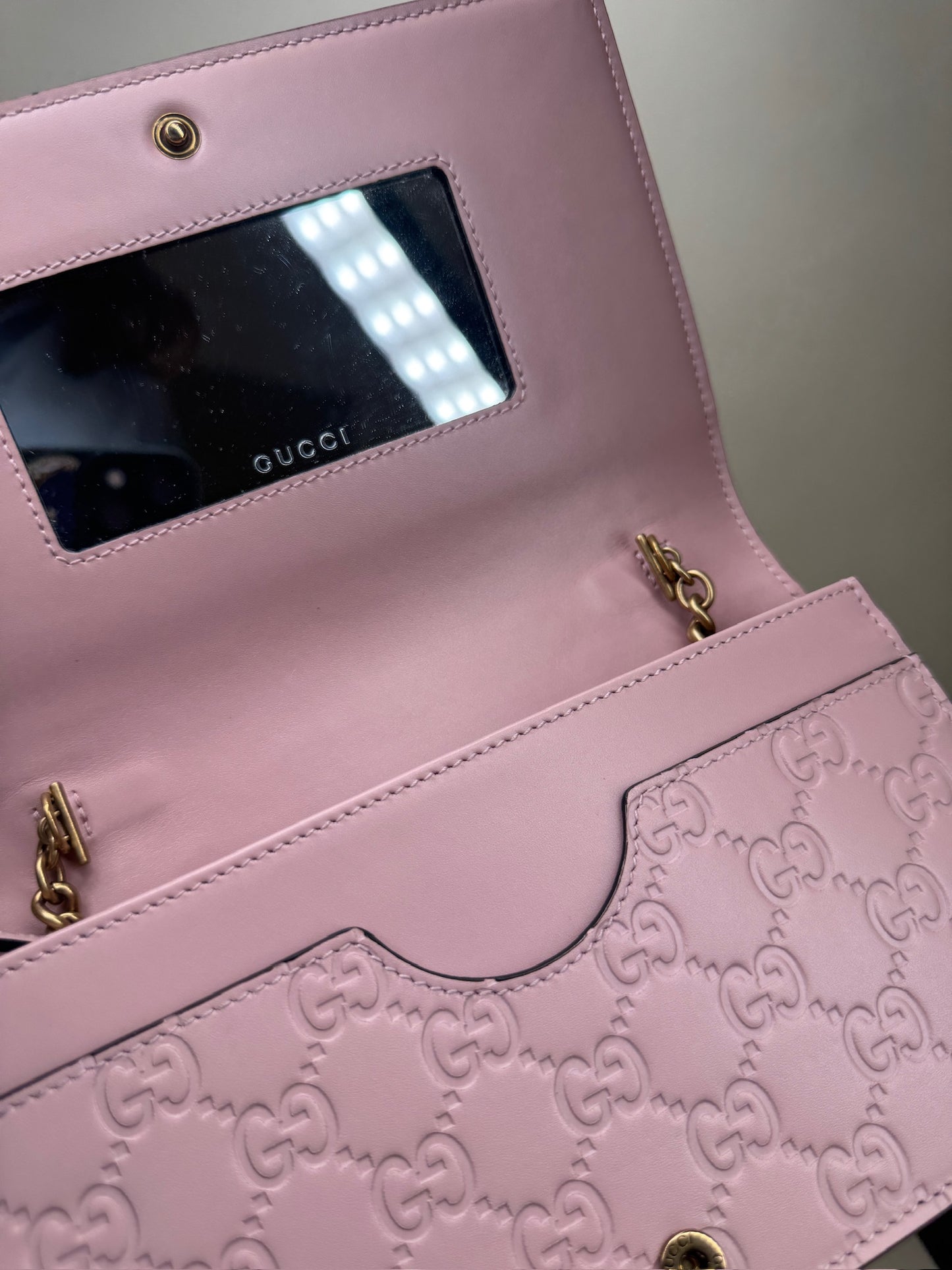 PRE-OWNED GG Blush Pink Guccissima Leather Cat Head Wallet on Chain