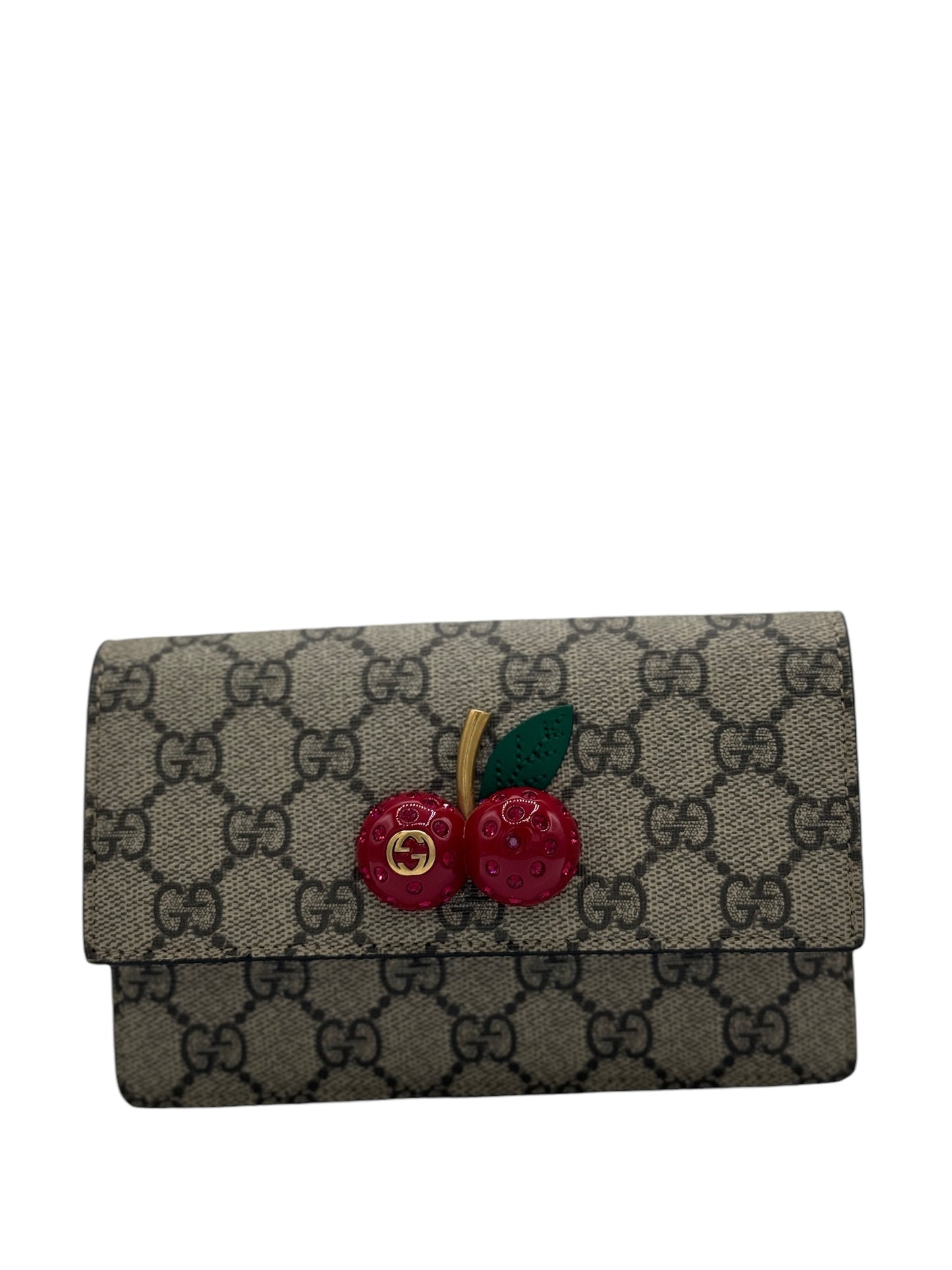 PRE-OWNED GG Cherries Wallet on Chain GG Coated Canvas Mini