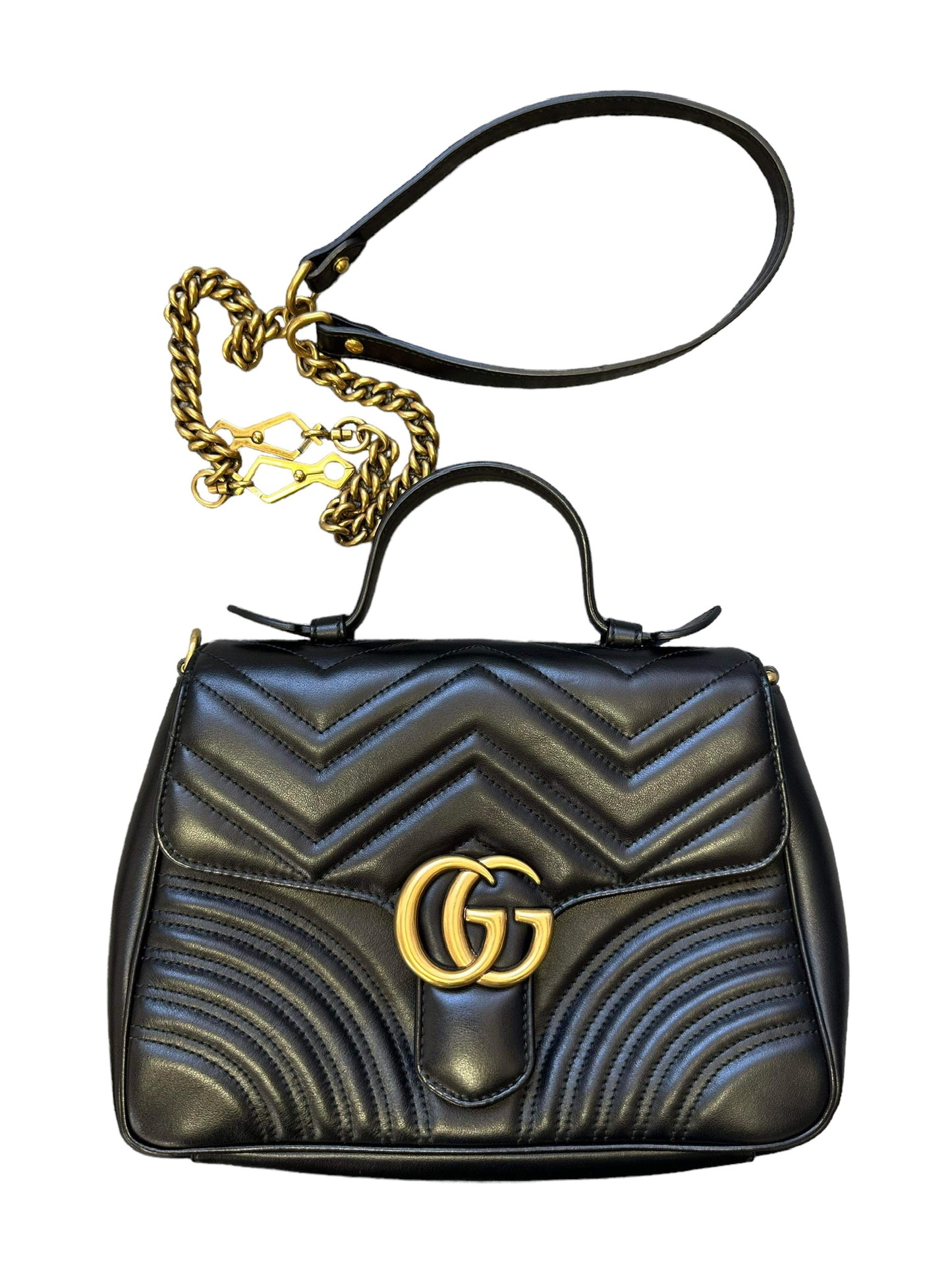 GUCCI - Calfskin Matelasse Medium GG Marmont Top Handle Shoulder Bag Black