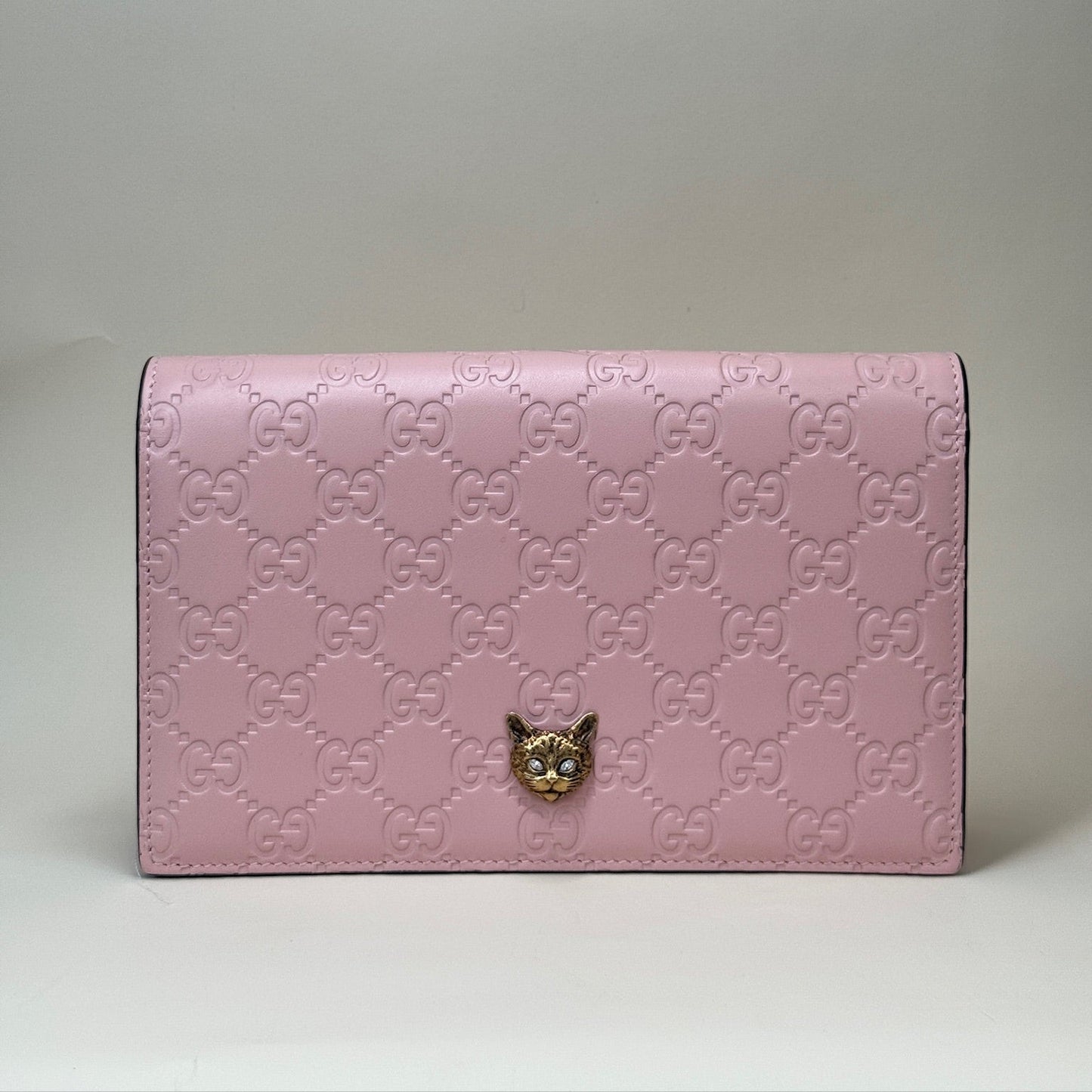 PRE-OWNED GG Blush Pink Guccissima Leather Cat Head Wallet on Chain