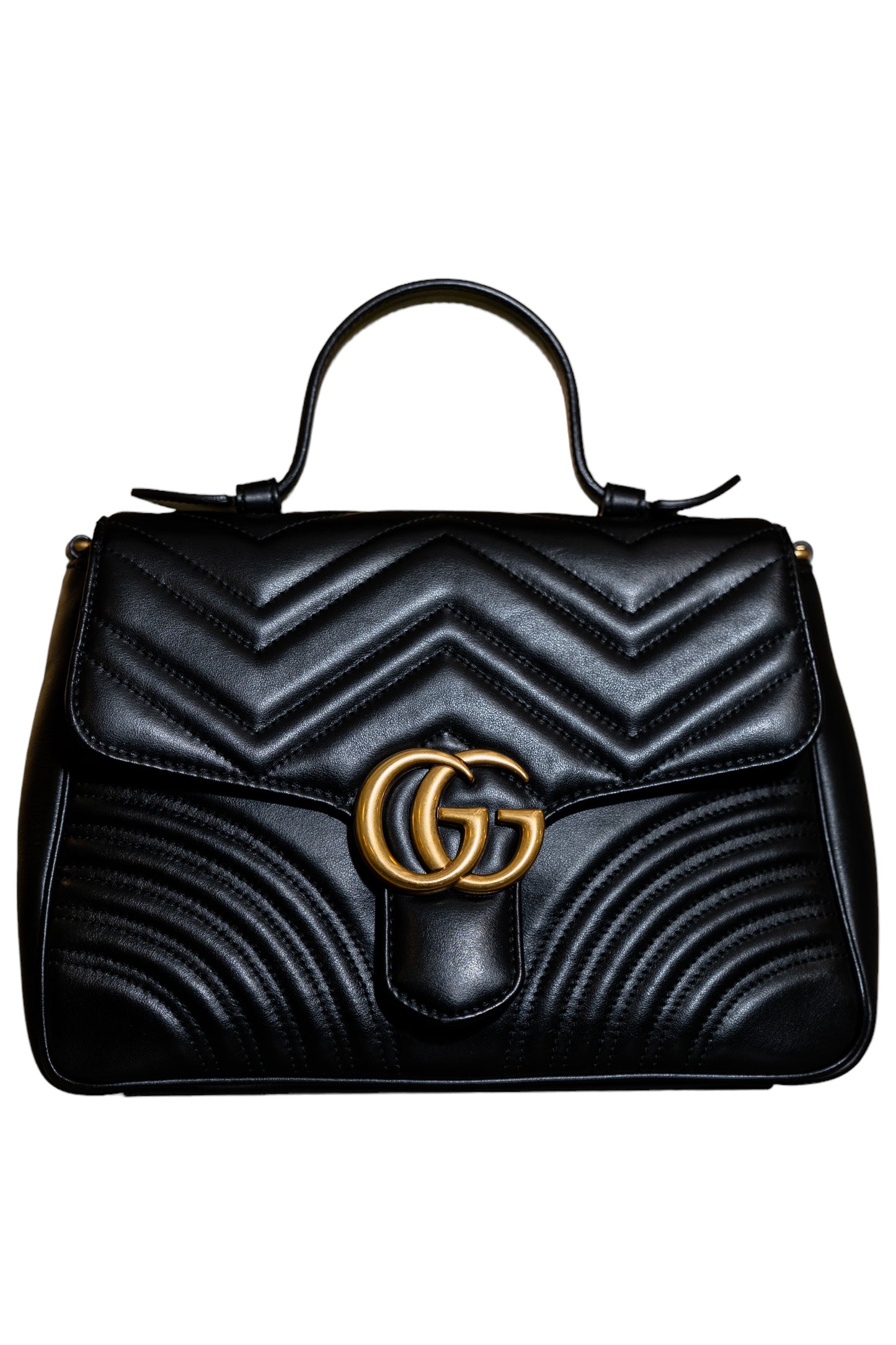 GUCCI - Calfskin Matelasse Medium GG Marmont Top Handle Shoulder Bag Black
