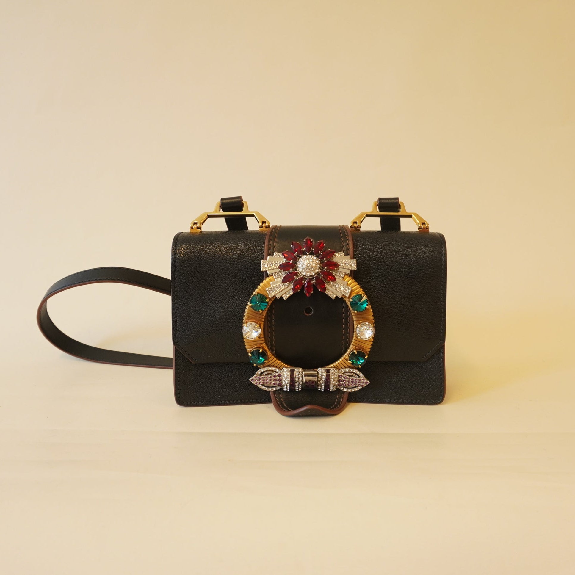 PRE-OWNED Black Goatskin Madras Soft Calf Crystal Embellished Shoulder Bag