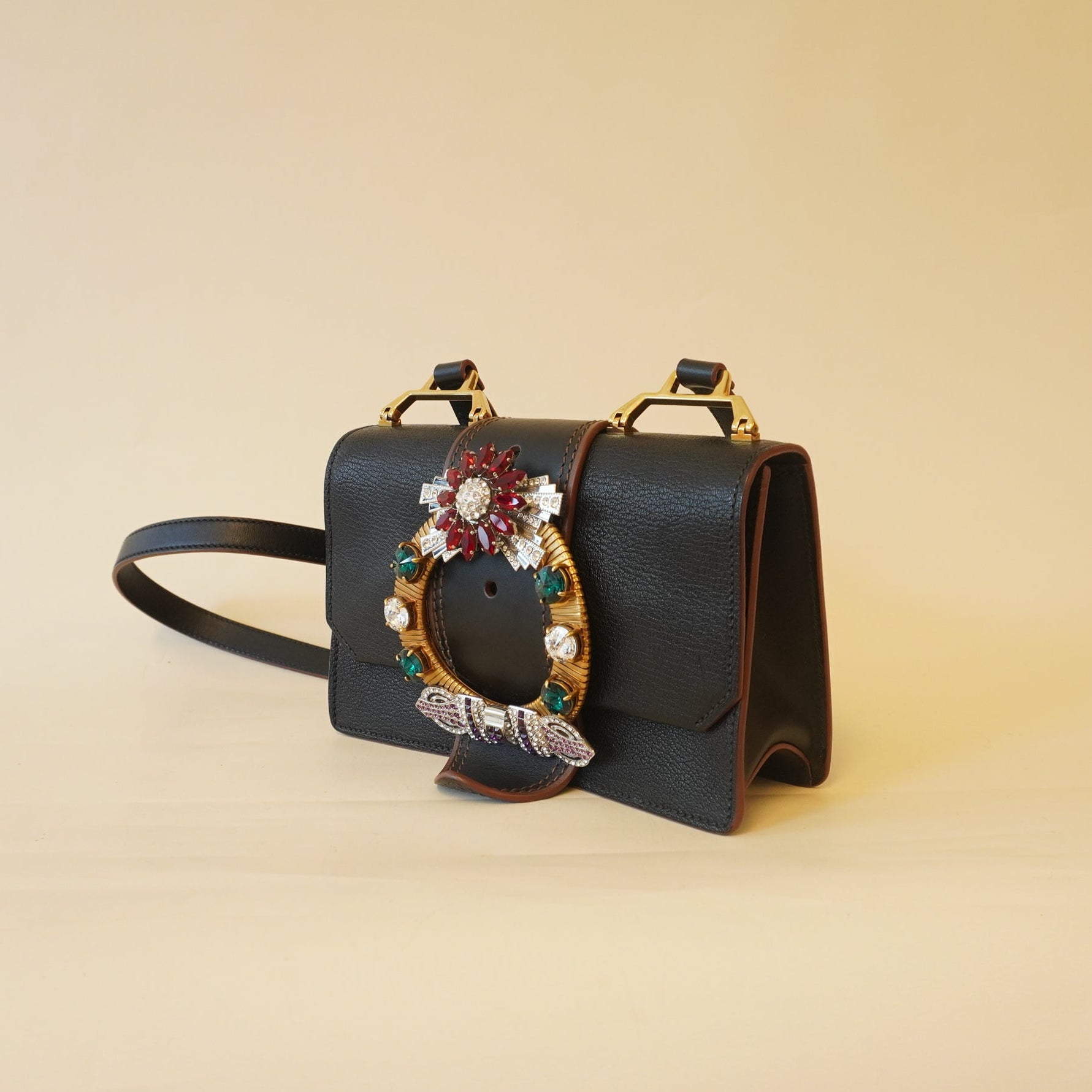 PRE-OWNED Black Goatskin Madras Soft Calf Crystal Embellished Shoulder Bag