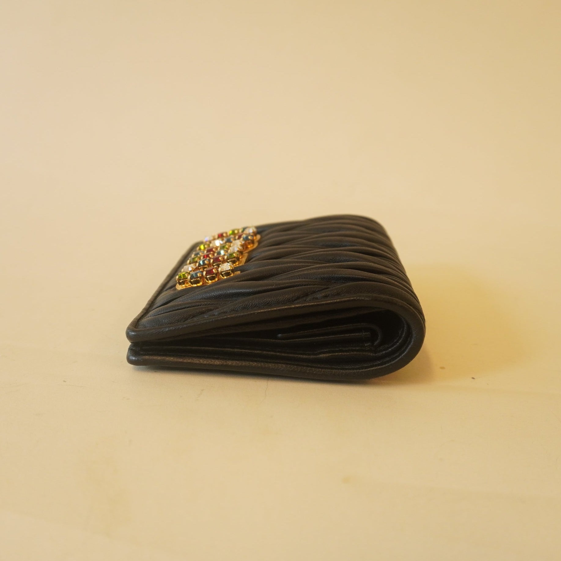 PRE-OWNED Nappa Matelasse Crystal Logo Compact Wallet Black