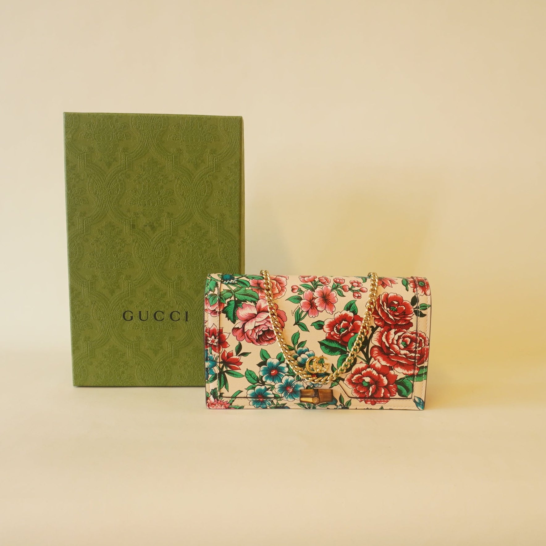 PRE-OWNED GG Diana Bamboo Chain Flap Bag Floral Printed Leather Mini