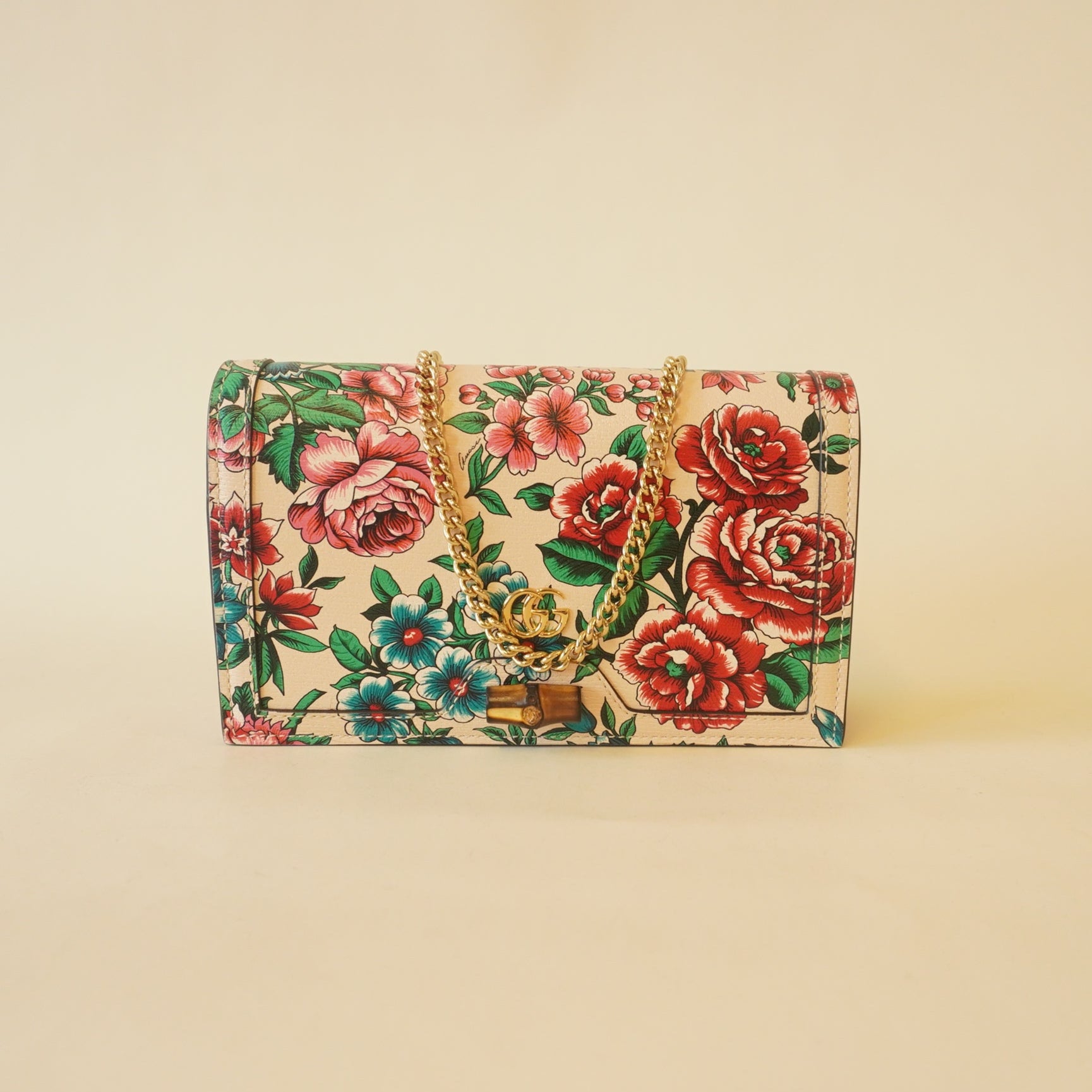 PRE-OWNED GG Diana Bamboo Chain Flap Bag Floral Printed Leather Mini