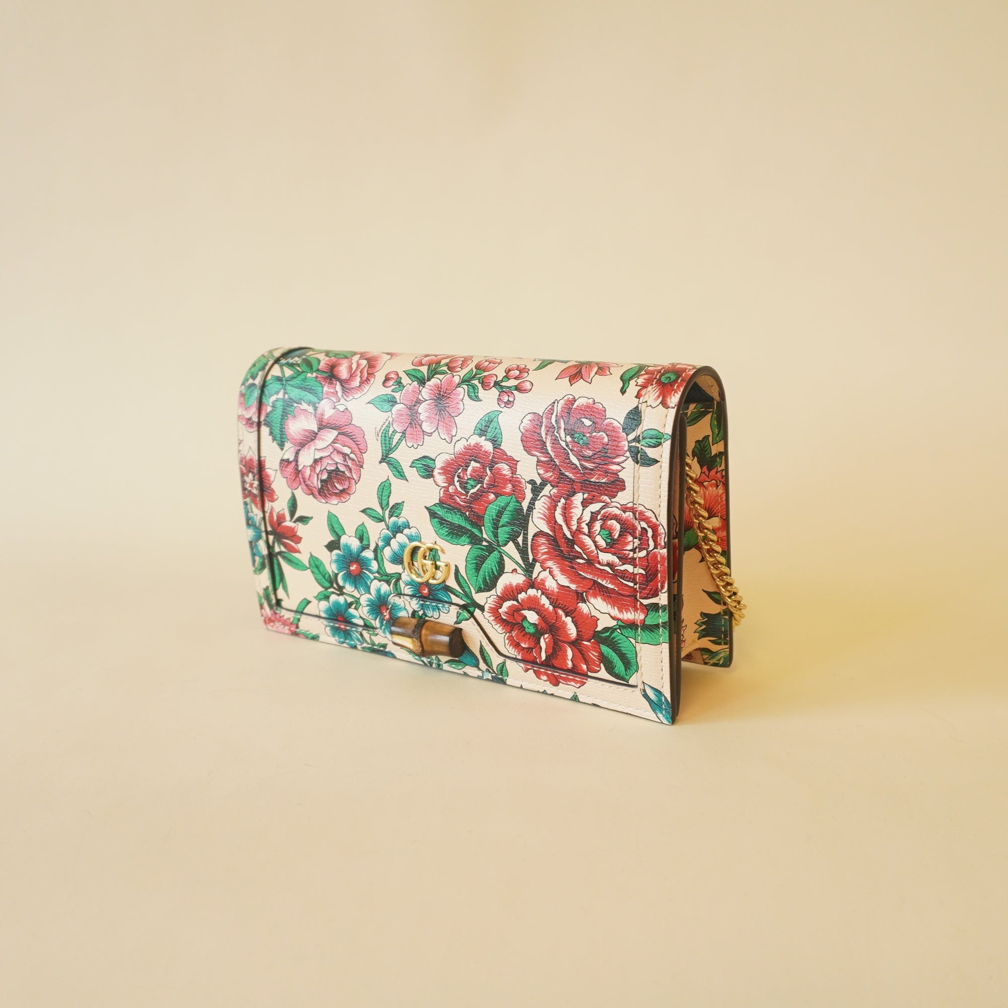 PRE-OWNED GG Diana Bamboo Chain Flap Bag Floral Printed Leather Mini