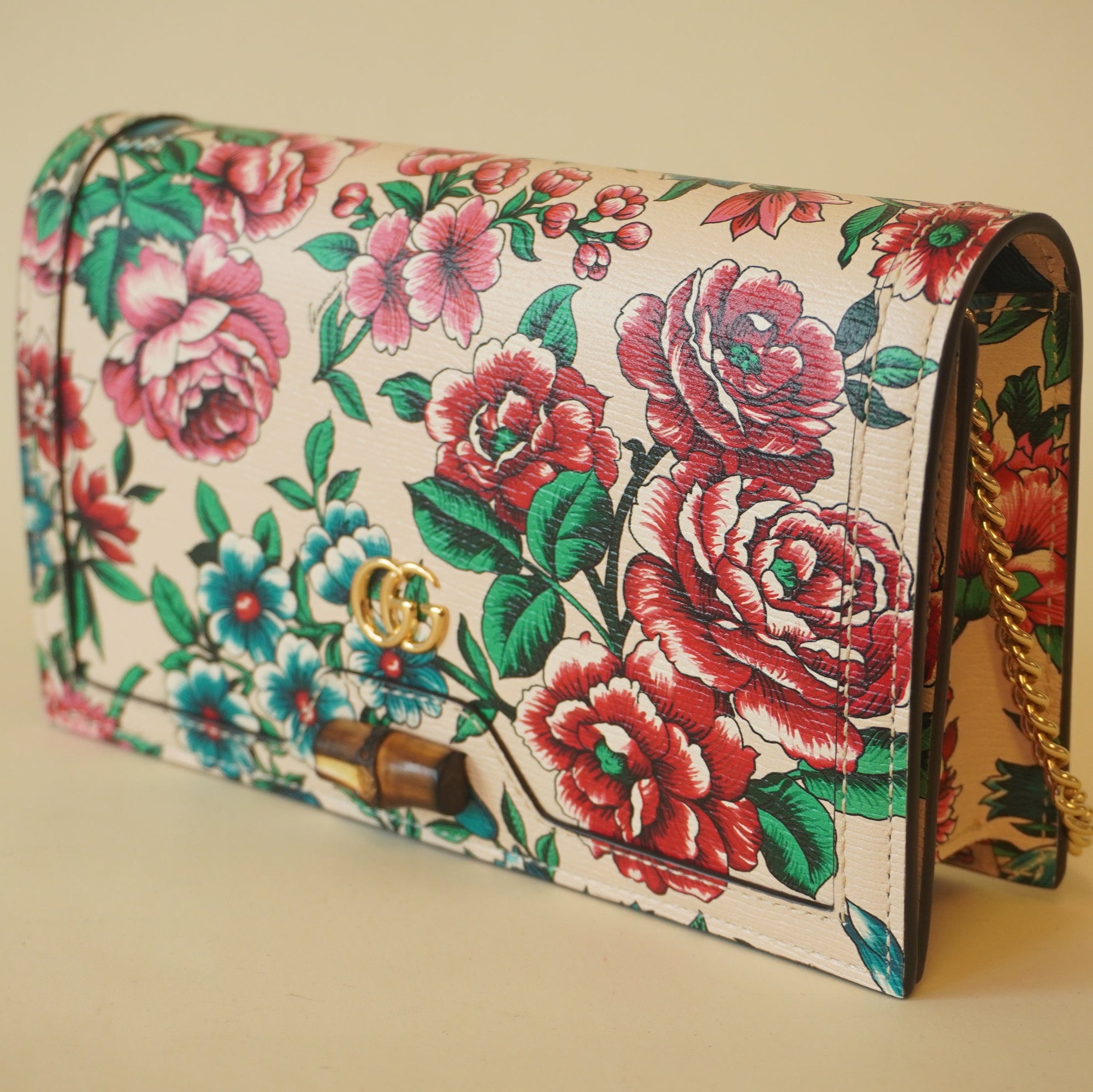 PRE-OWNED GG Diana Bamboo Chain Flap Bag Floral Printed Leather Mini