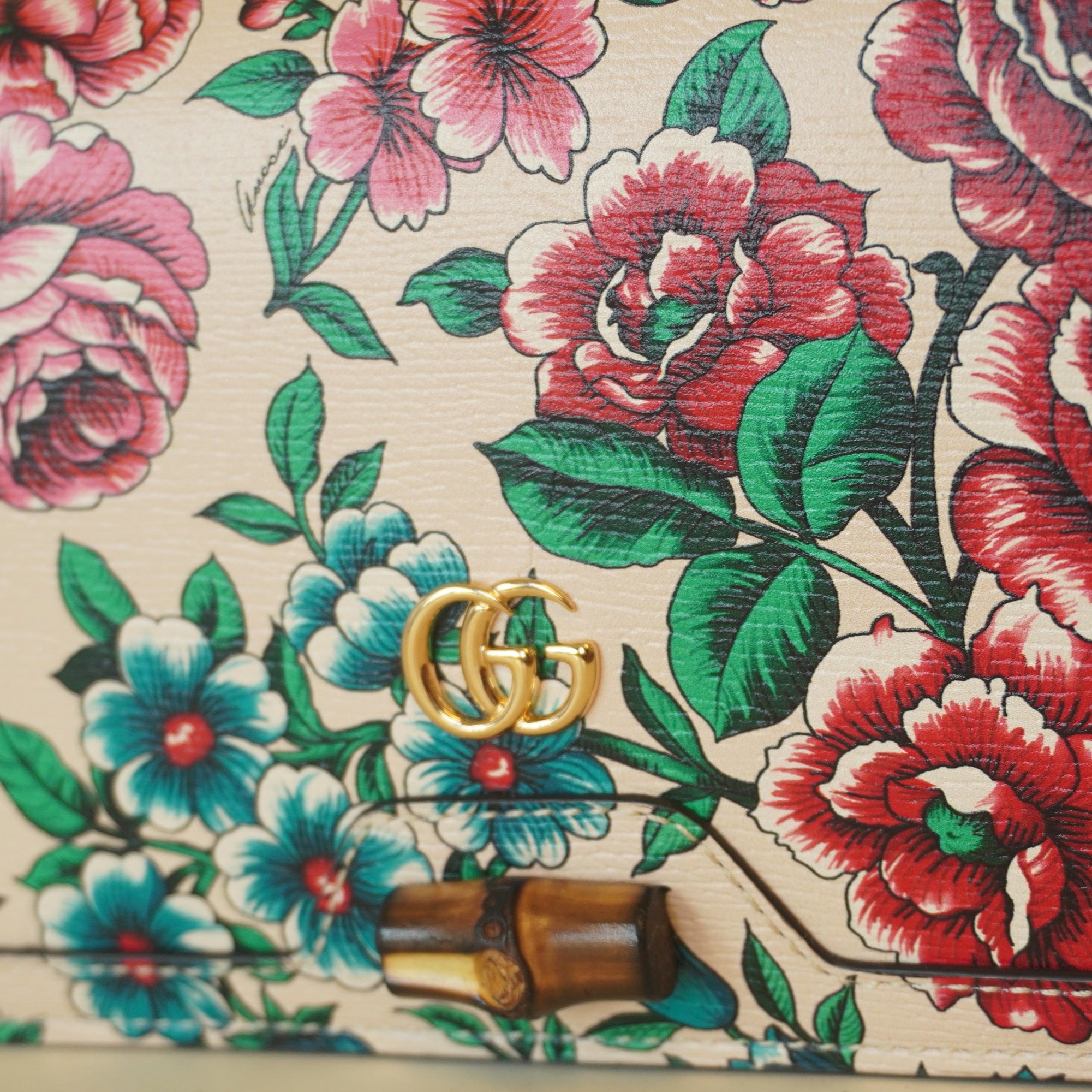 PRE-OWNED GG Diana Bamboo Chain Flap Bag Floral Printed Leather Mini