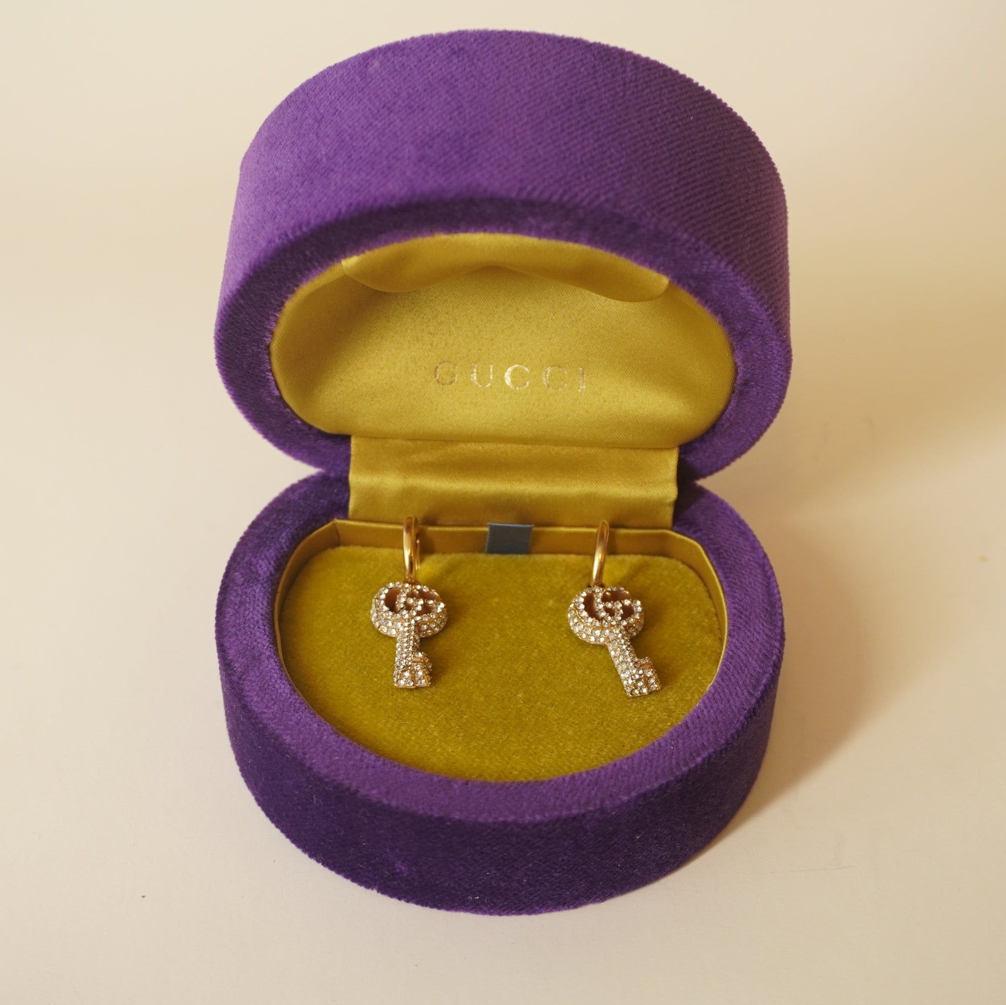 PRE-OWNED Metal Crystal GG Key Drop Earrings Aged Gold