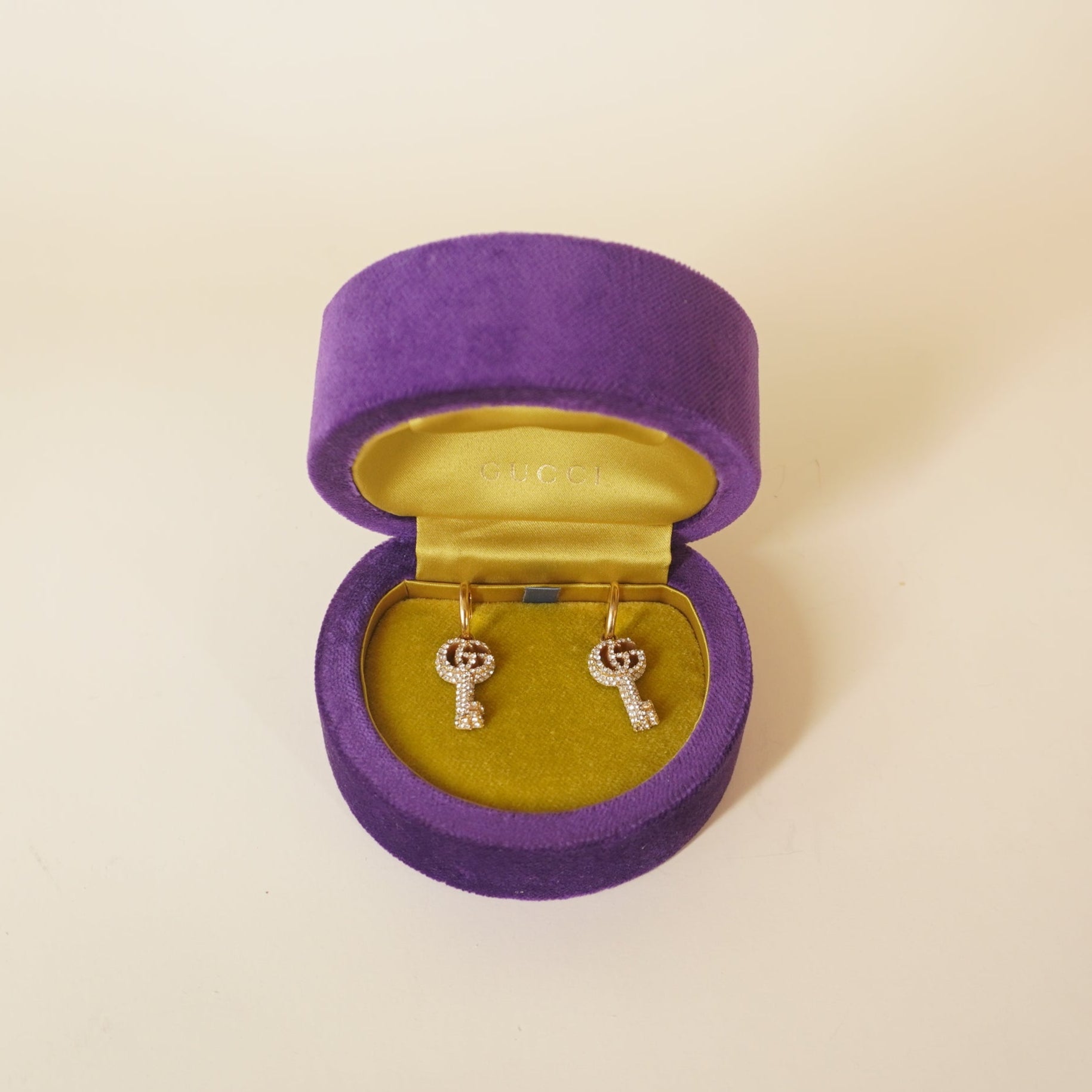 PRE-OWNED Metal Crystal GG Key Drop Earrings Aged Gold