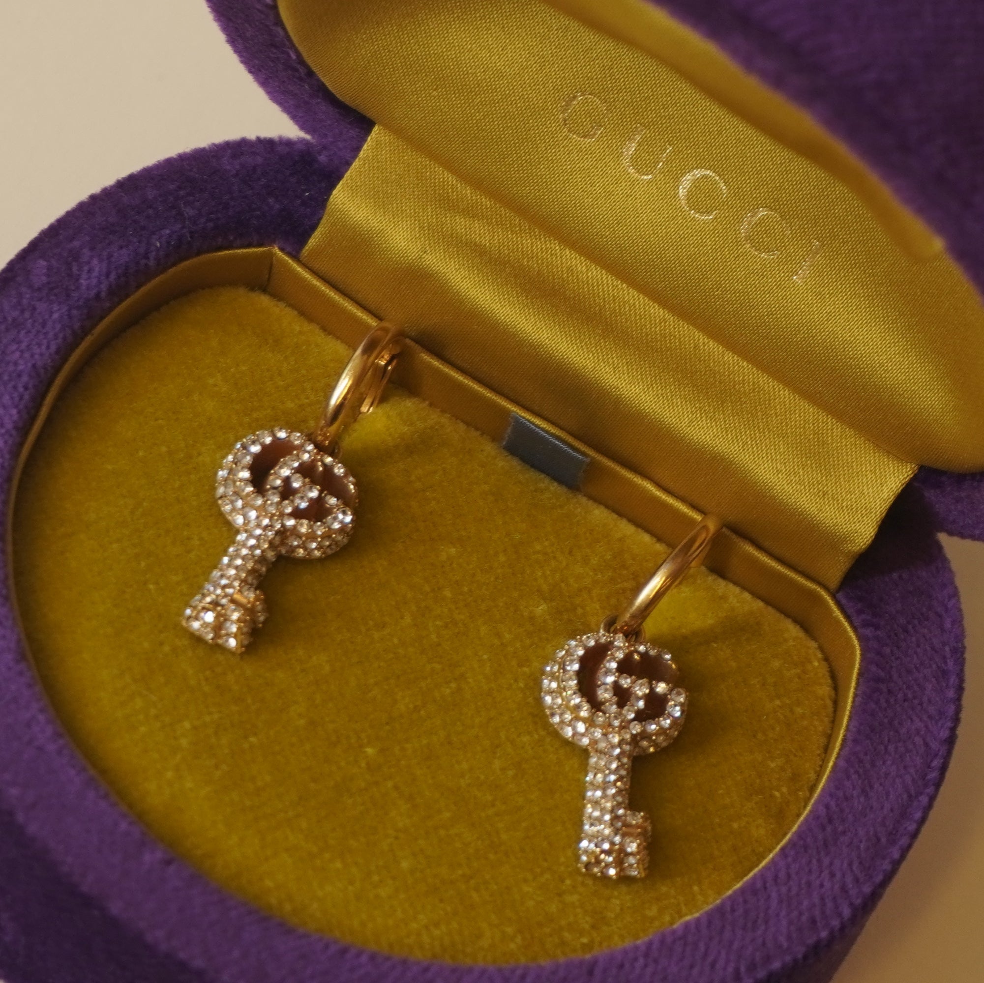PRE-OWNED Metal Crystal GG Key Drop Earrings Aged Gold
