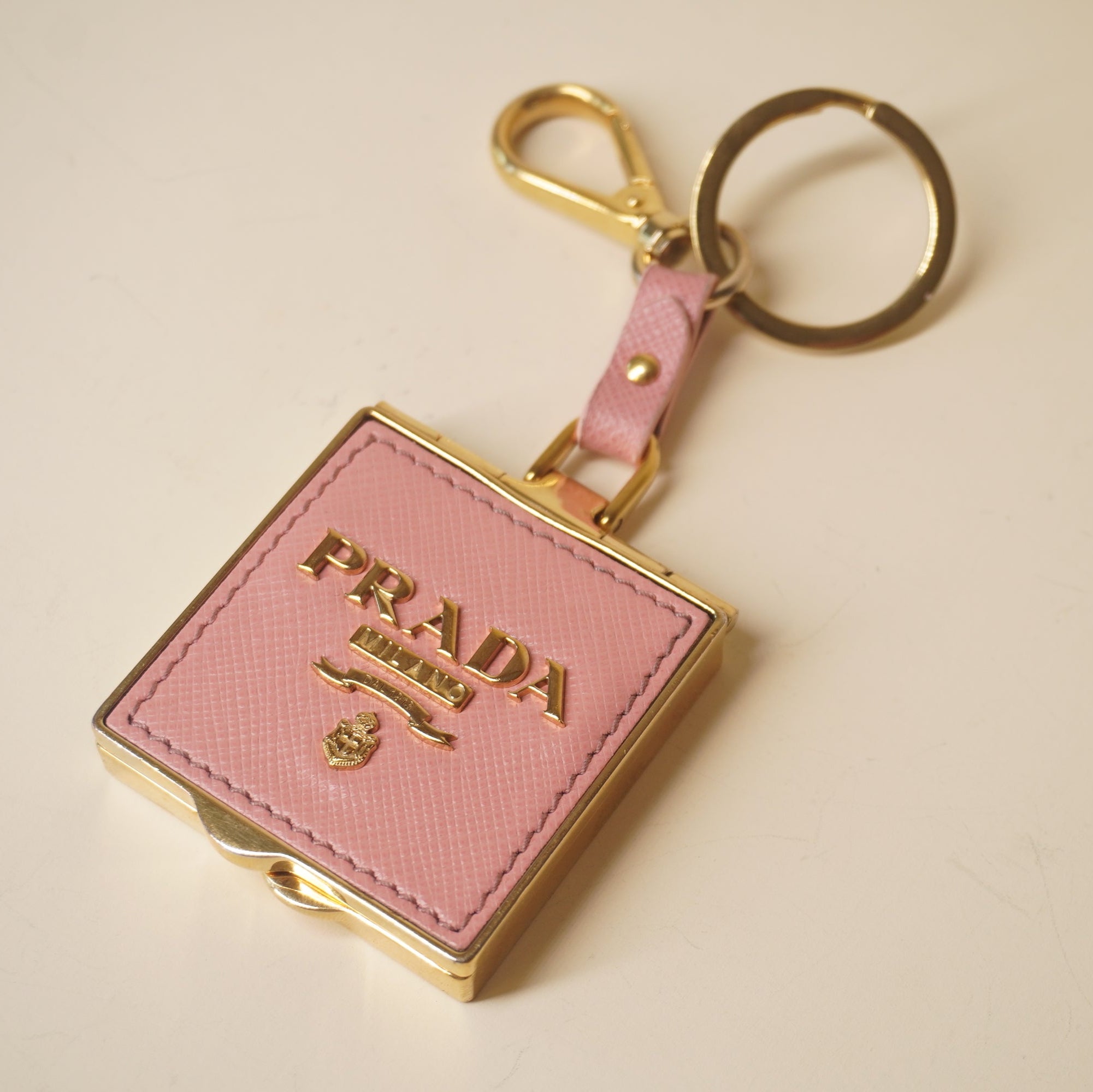 PRE-OWNED Leather Pill Box Key Chain In Pink