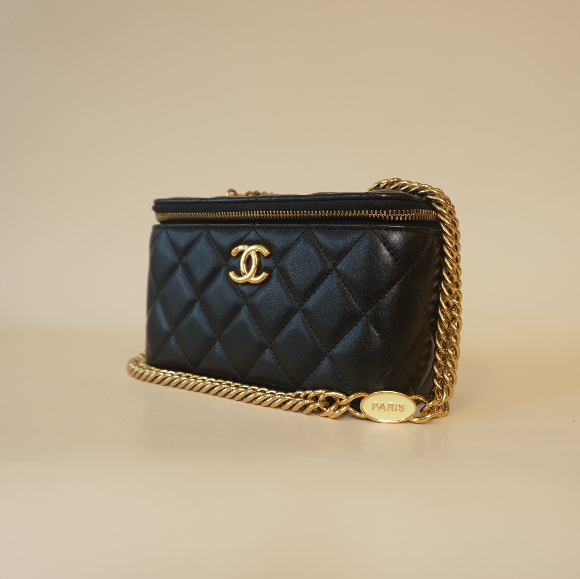 PRE-OWNED CC Black Lambskin Enamel Quilted Logo Small Vanity Case With Chain