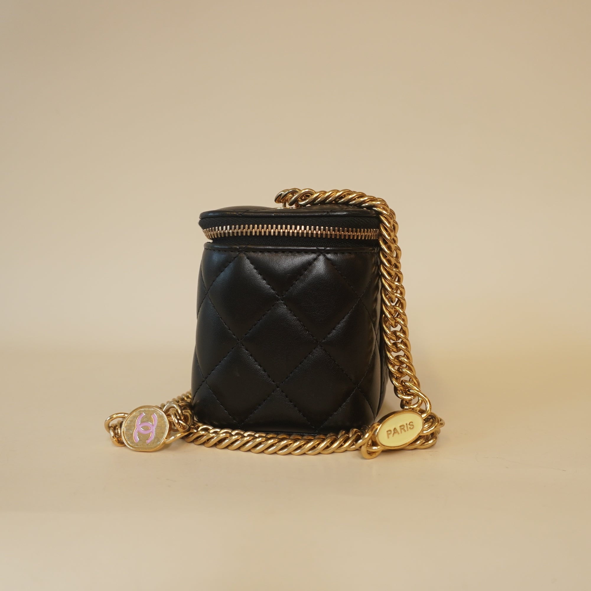 PRE-OWNED CC Black Lambskin Enamel Quilted Logo Small Vanity Case With Chain
