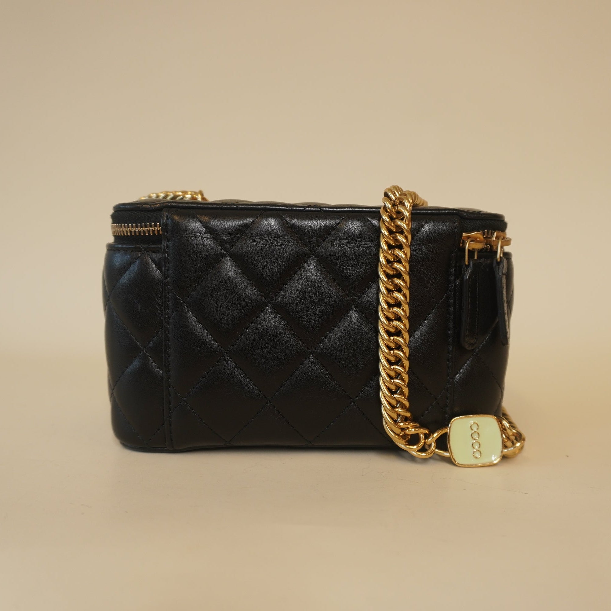 PRE-OWNED CC Black Lambskin Enamel Quilted Logo Small Vanity Case With Chain