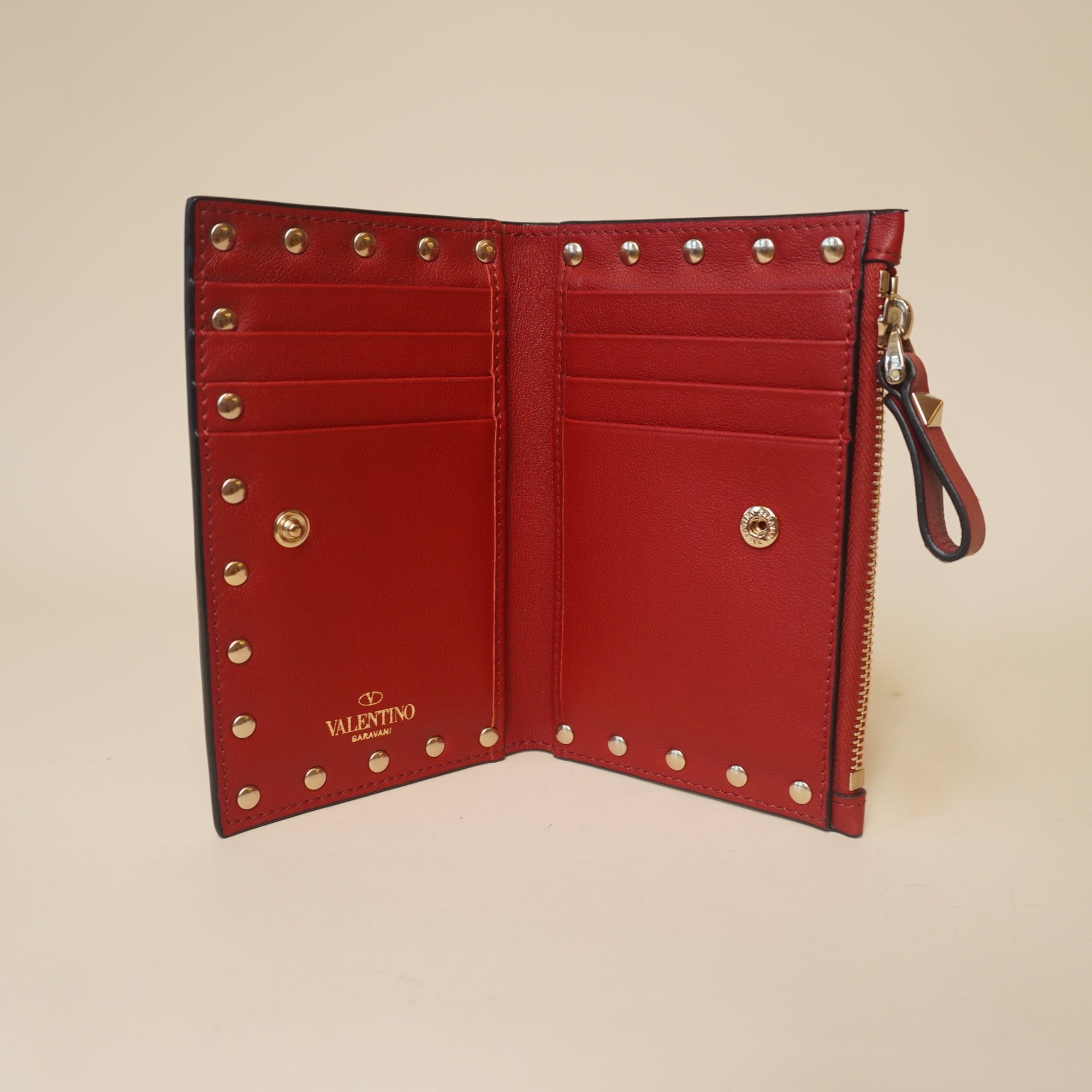 PRE-OWNED Calfskin Rockstud Short Wallet Red