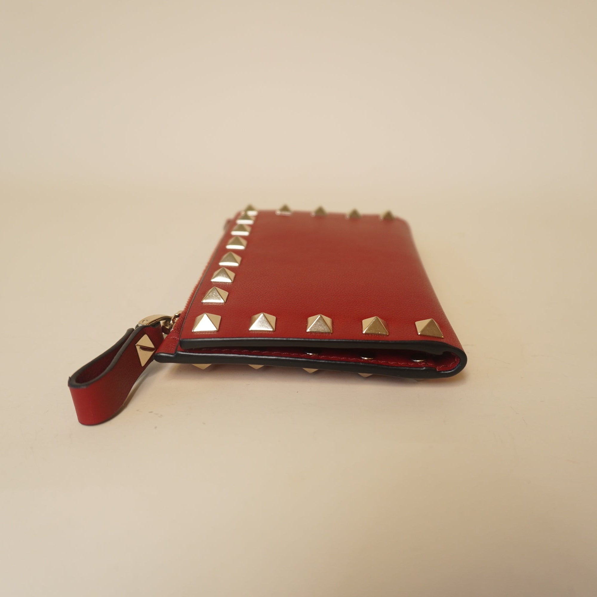 PRE-OWNED Calfskin Rockstud Short Wallet Red
