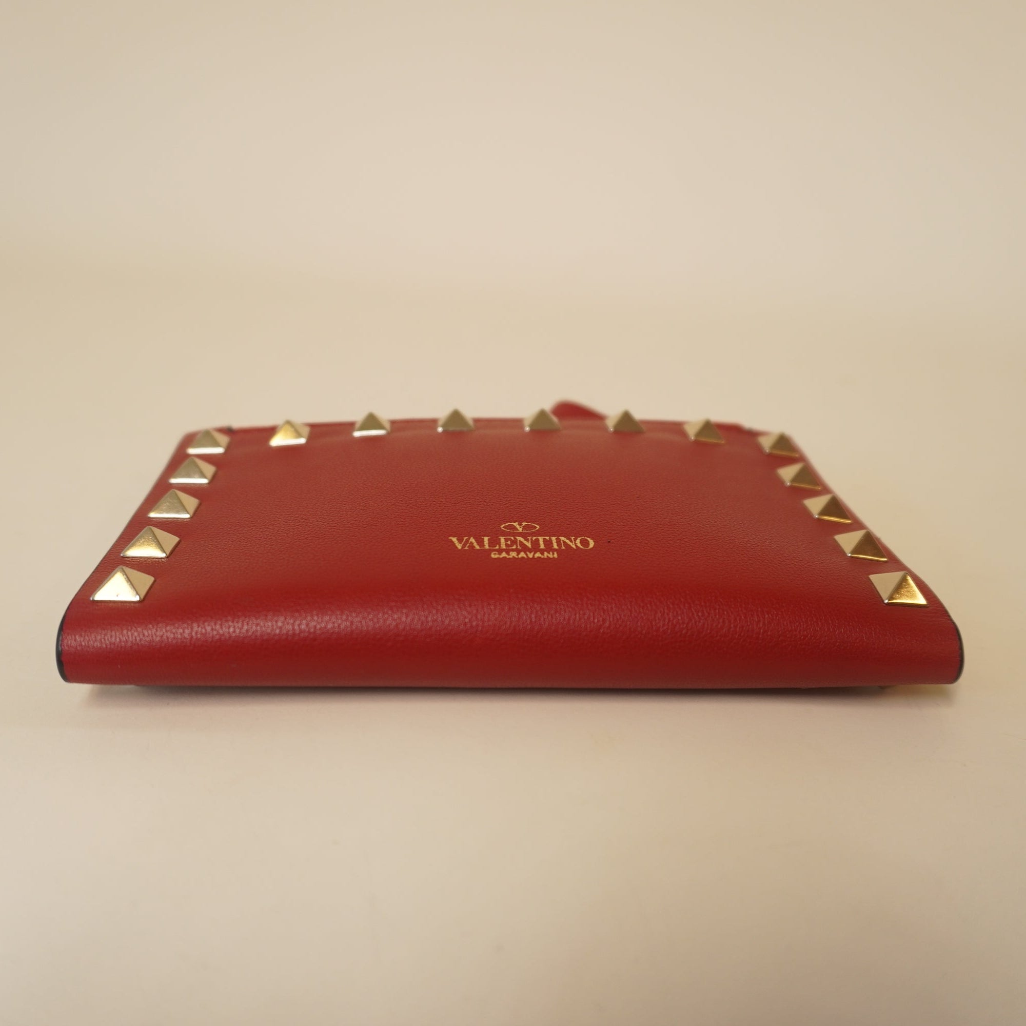 PRE-OWNED Calfskin Rockstud Short Wallet Red