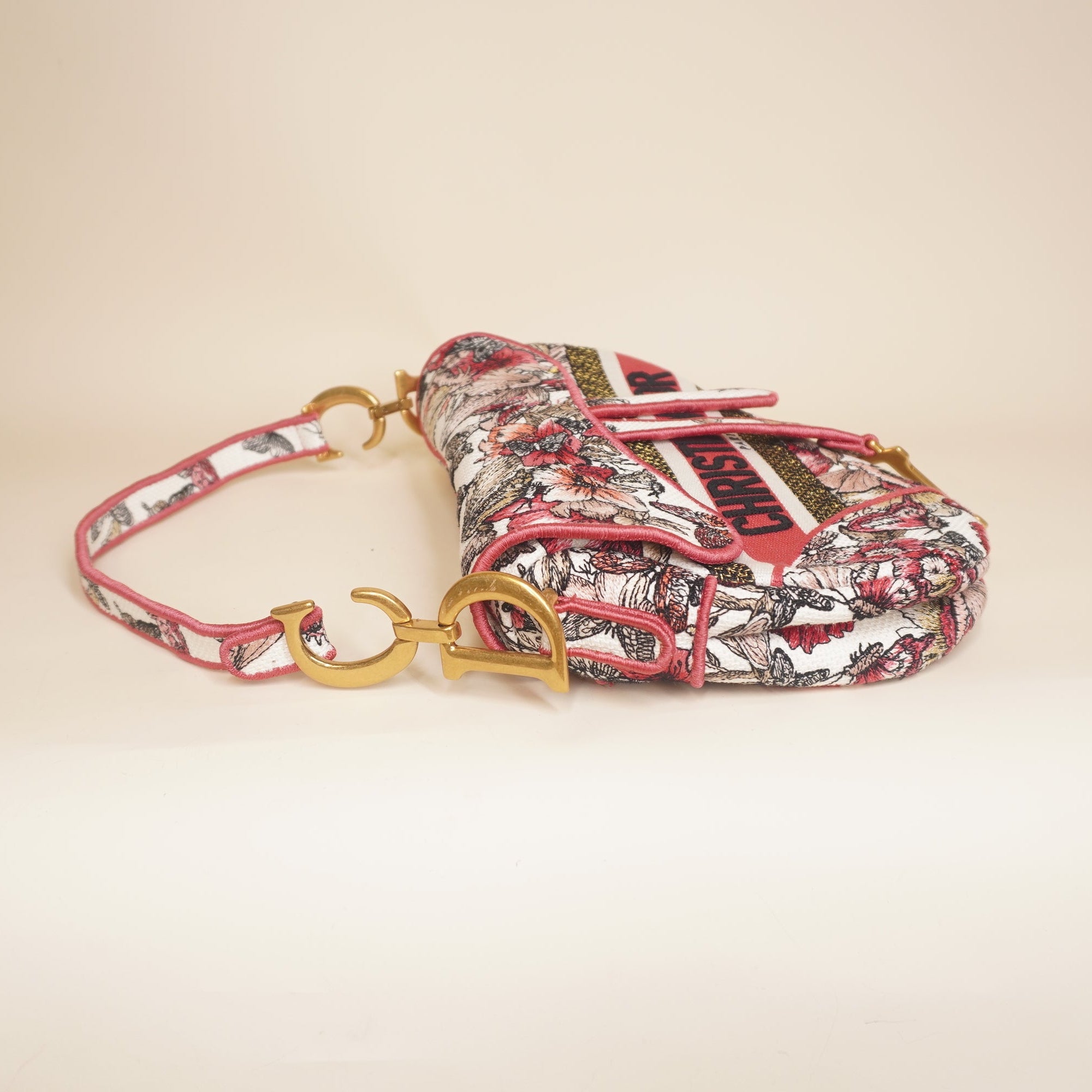 PRE-OWNED Canvas Embroidered Butterfly Print Saddle Bag Pink Multicolor
