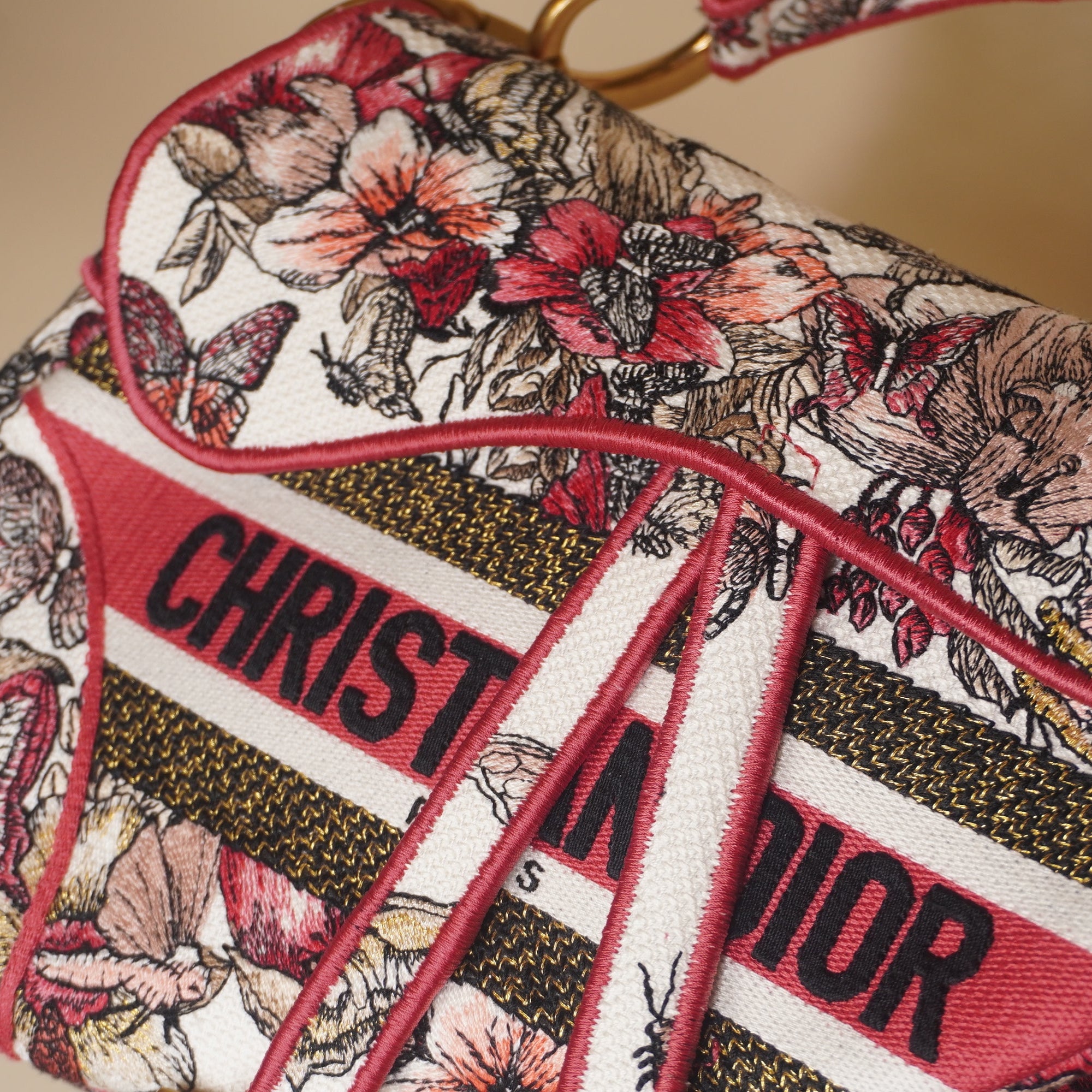 PRE-OWNED Canvas Embroidered Butterfly Print Saddle Bag Pink Multicolor