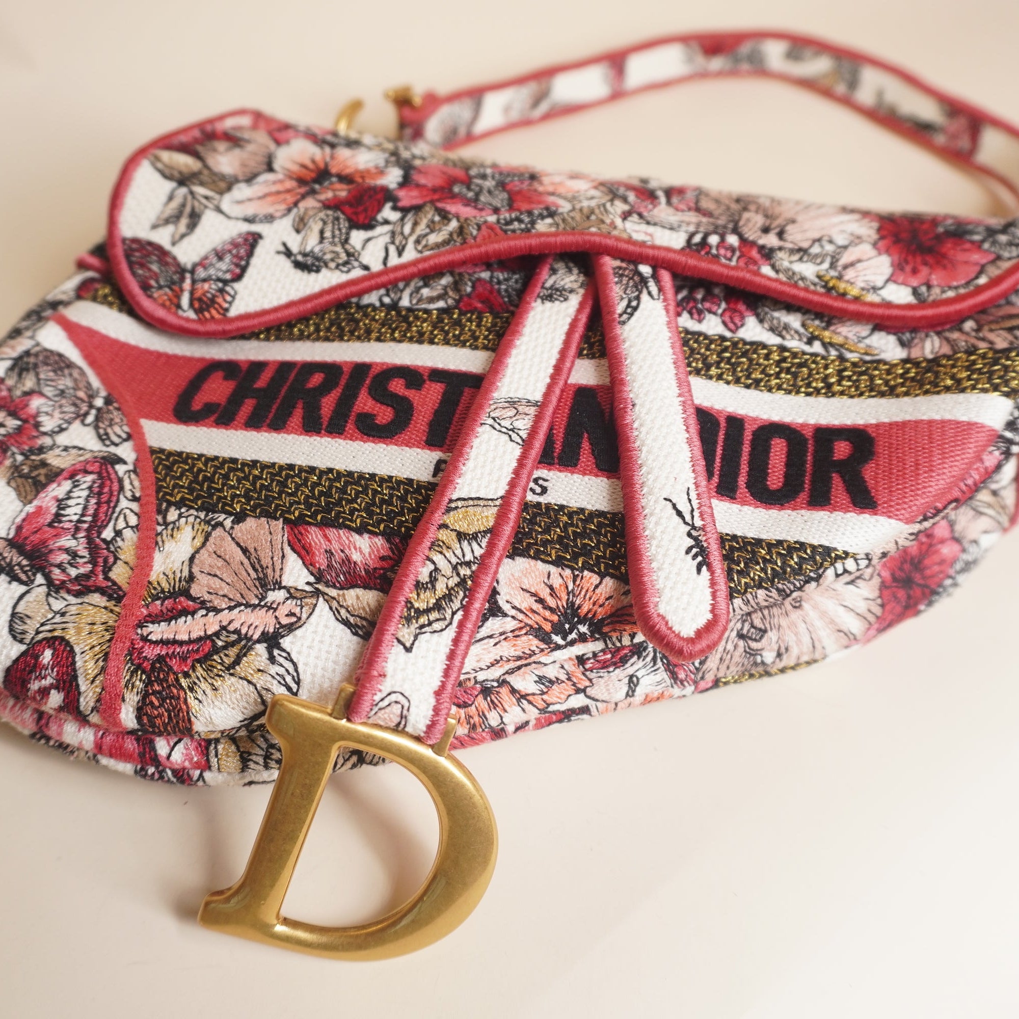 PRE-OWNED Canvas Embroidered Butterfly Print Saddle Bag Pink Multicolor