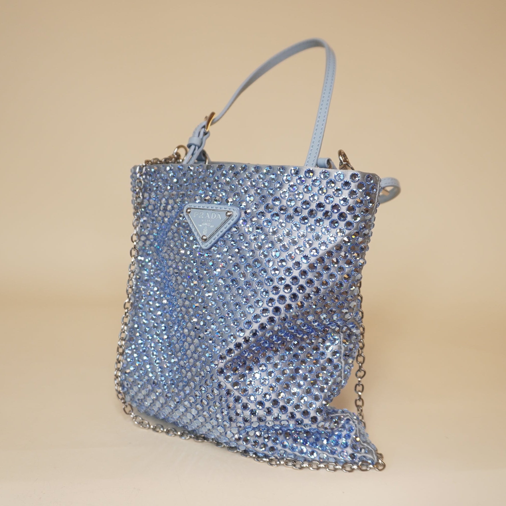 PRE-OWNED Satin Crystal Metal Triangle Logo Chain Shoulder Bag