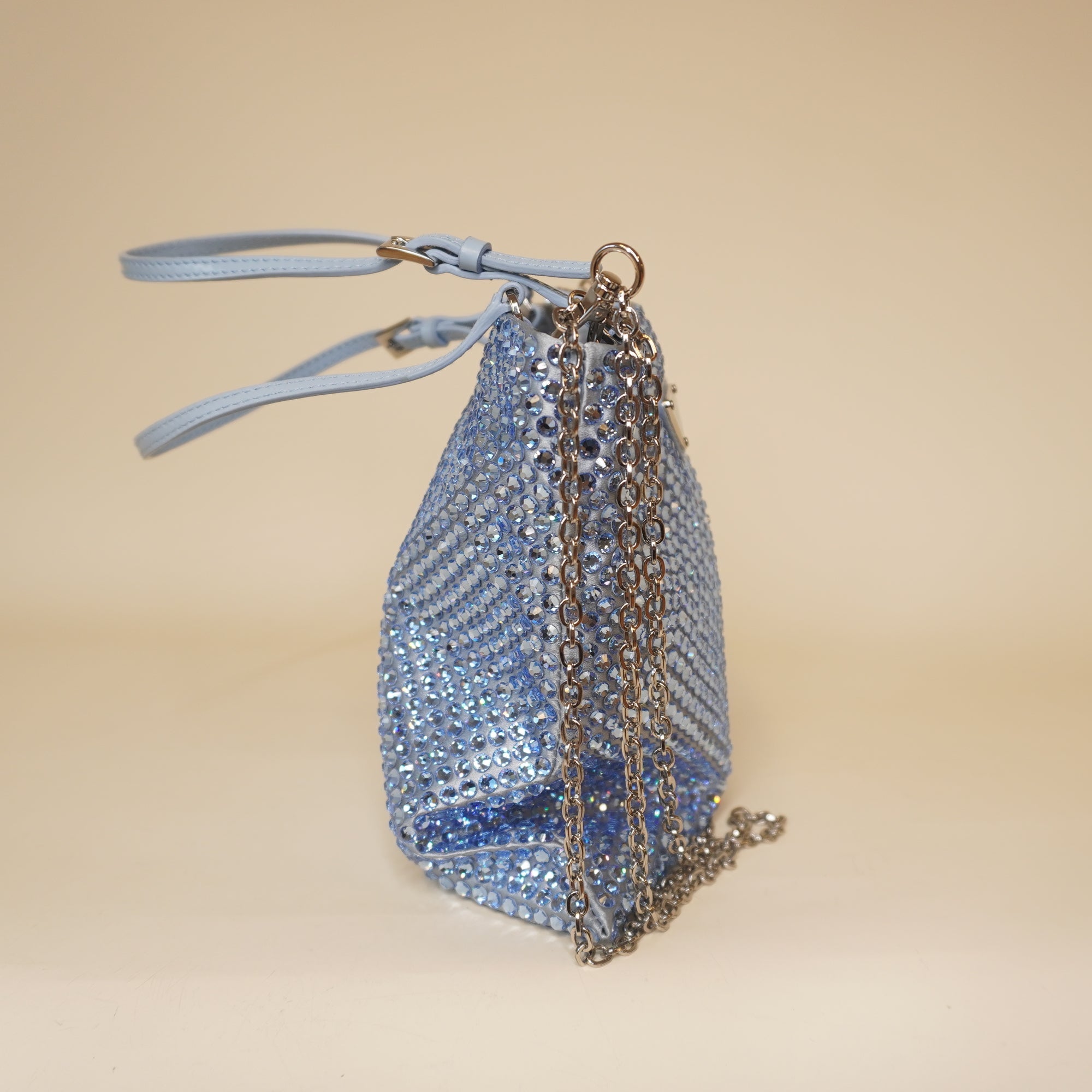 PRE-OWNED Satin Crystal Metal Triangle Logo Chain Shoulder Bag