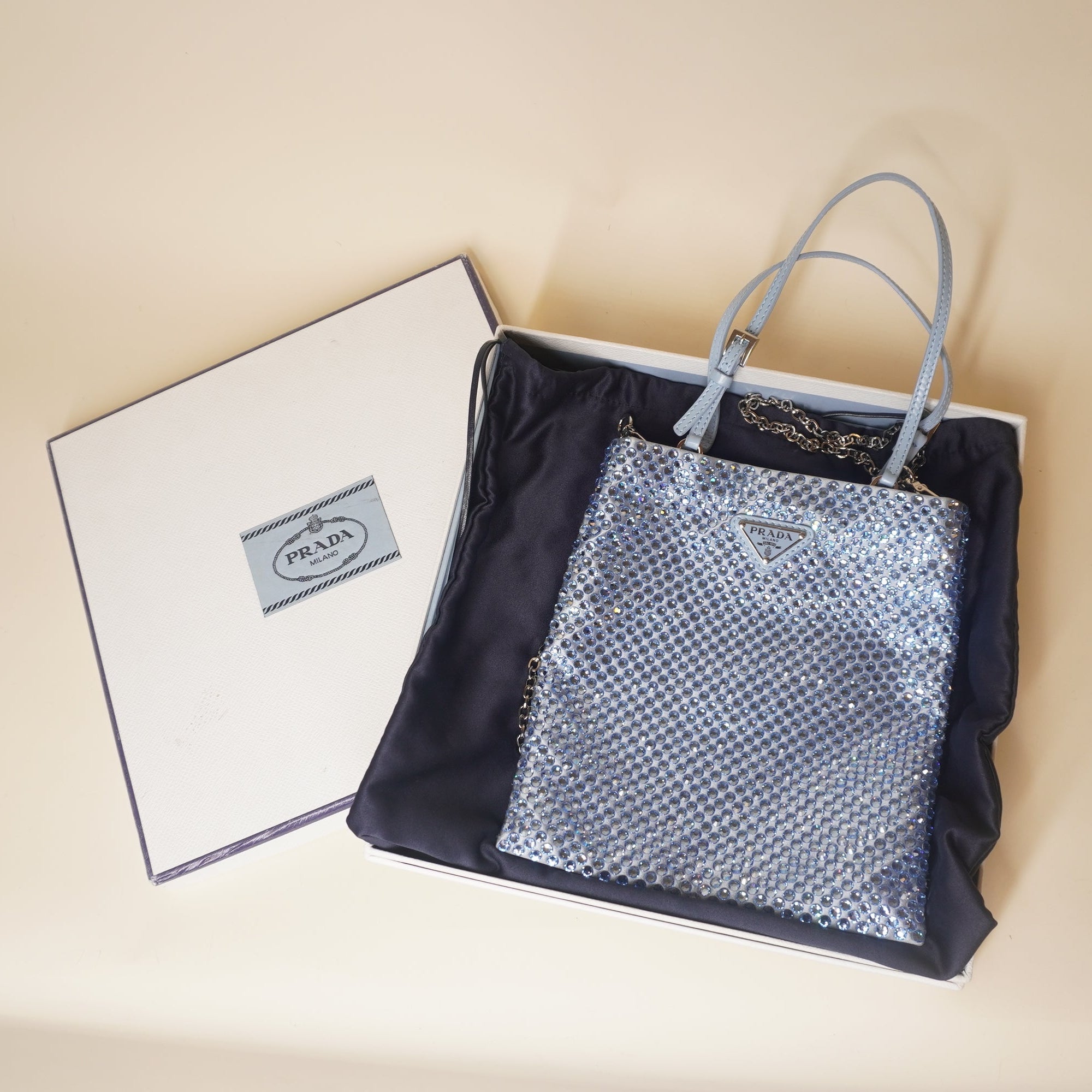 PRE-OWNED Satin Crystal Metal Triangle Logo Chain Shoulder Bag