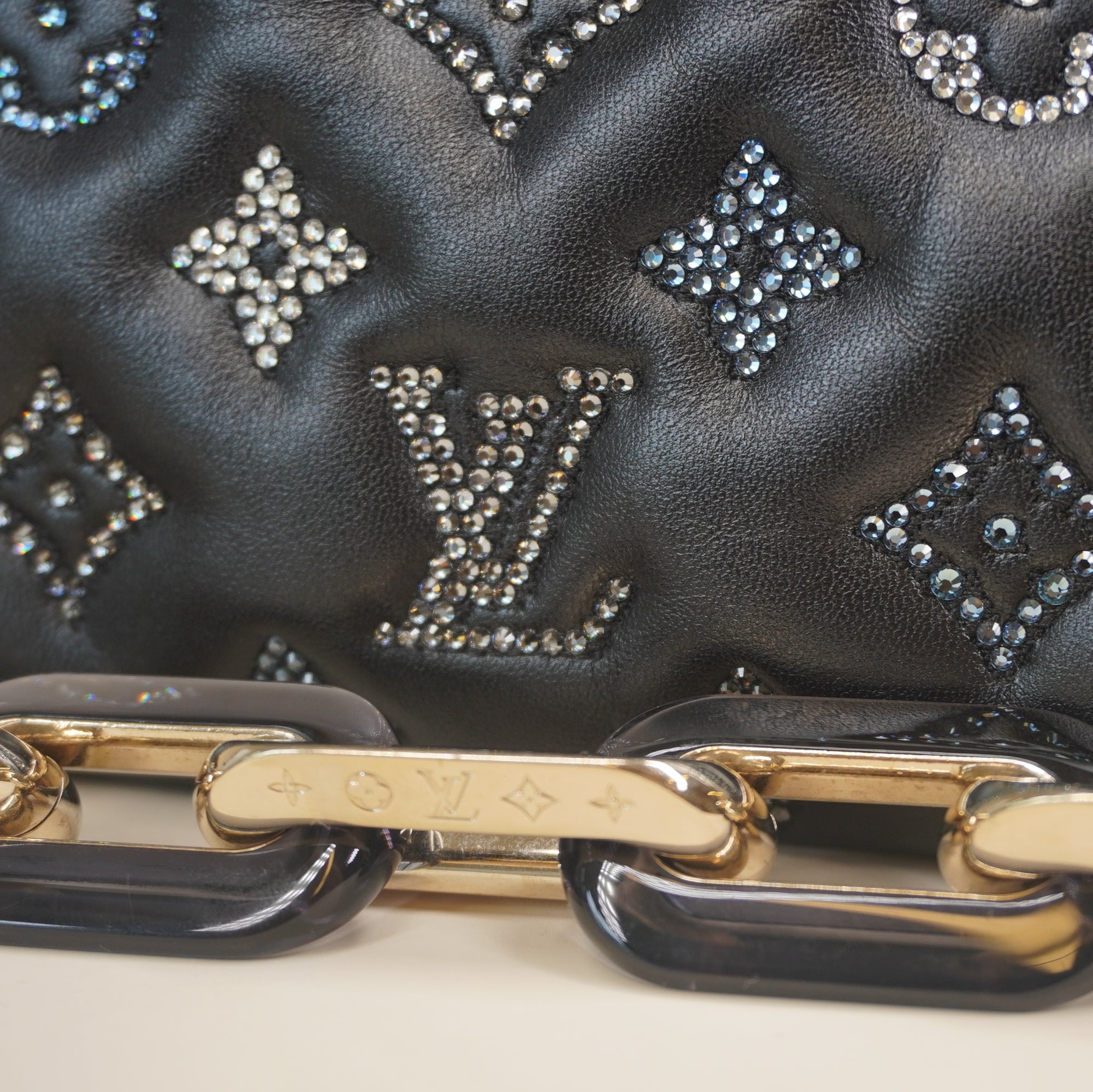 PRE-OWNED LV Black Crystals Lambskin Embossed Monogram Coussin BB