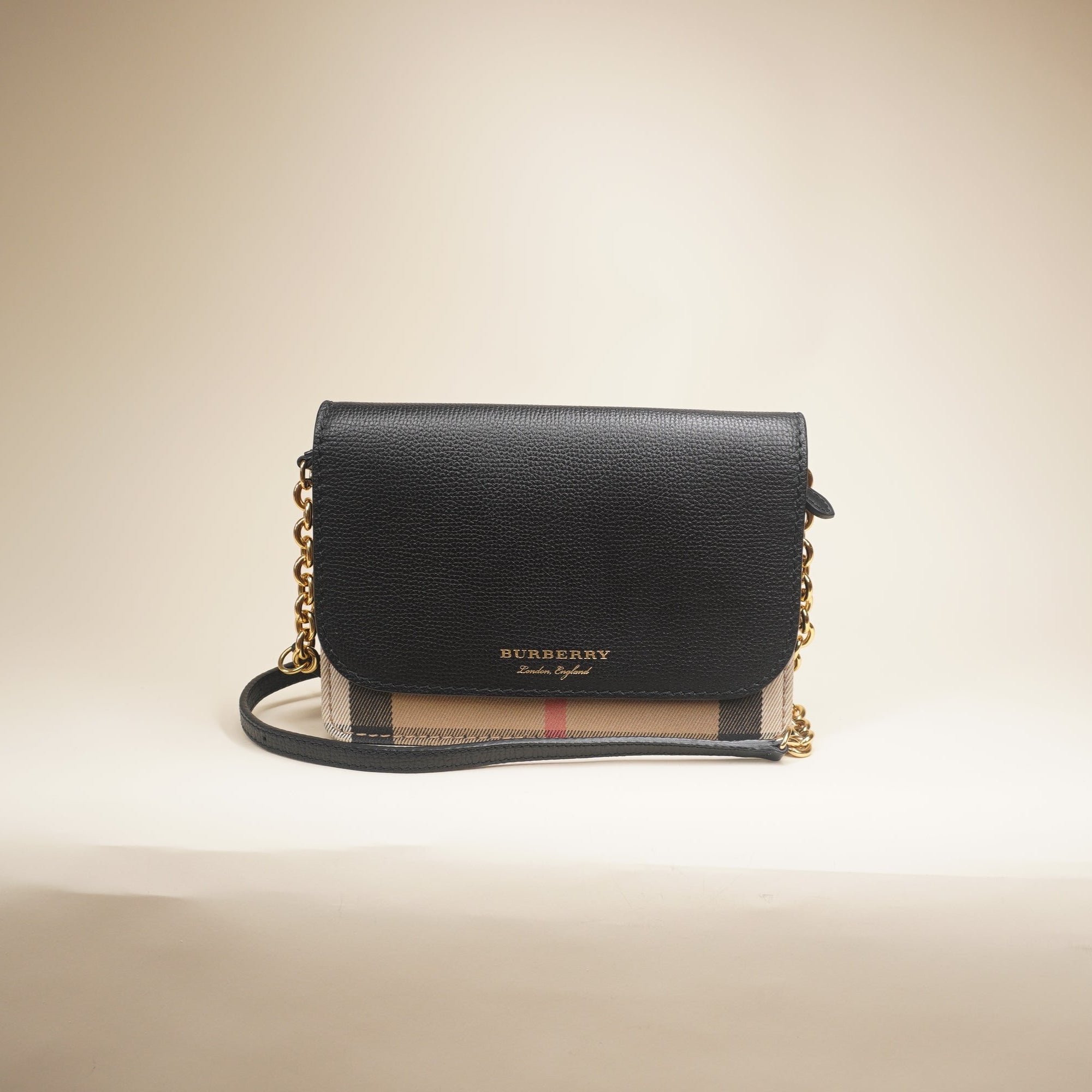 PRE-OWNED Derby Calfskin House Check Wallet On Chain Black