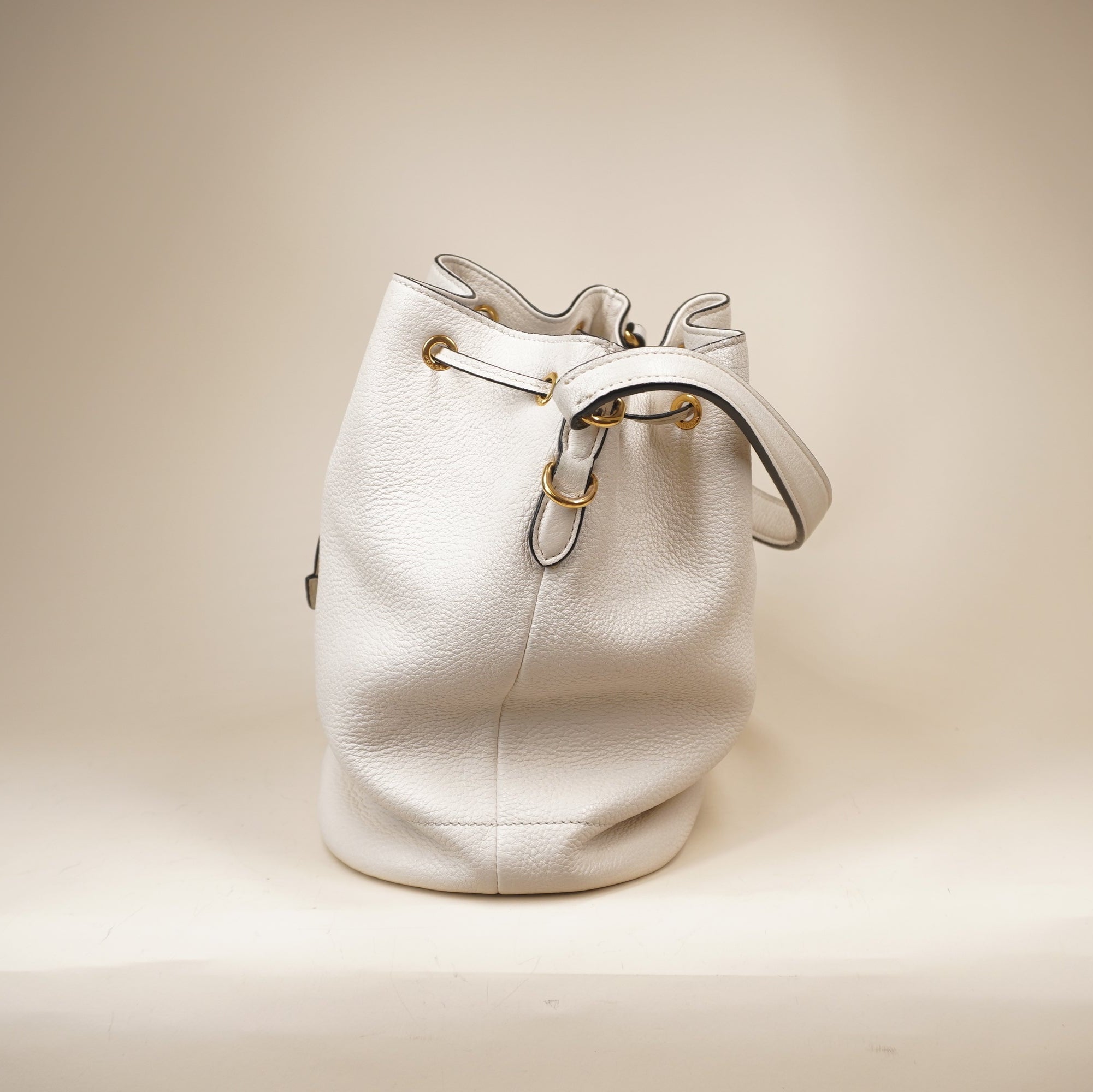 PRE-OWNED White Cream Vitello Bucket Bag