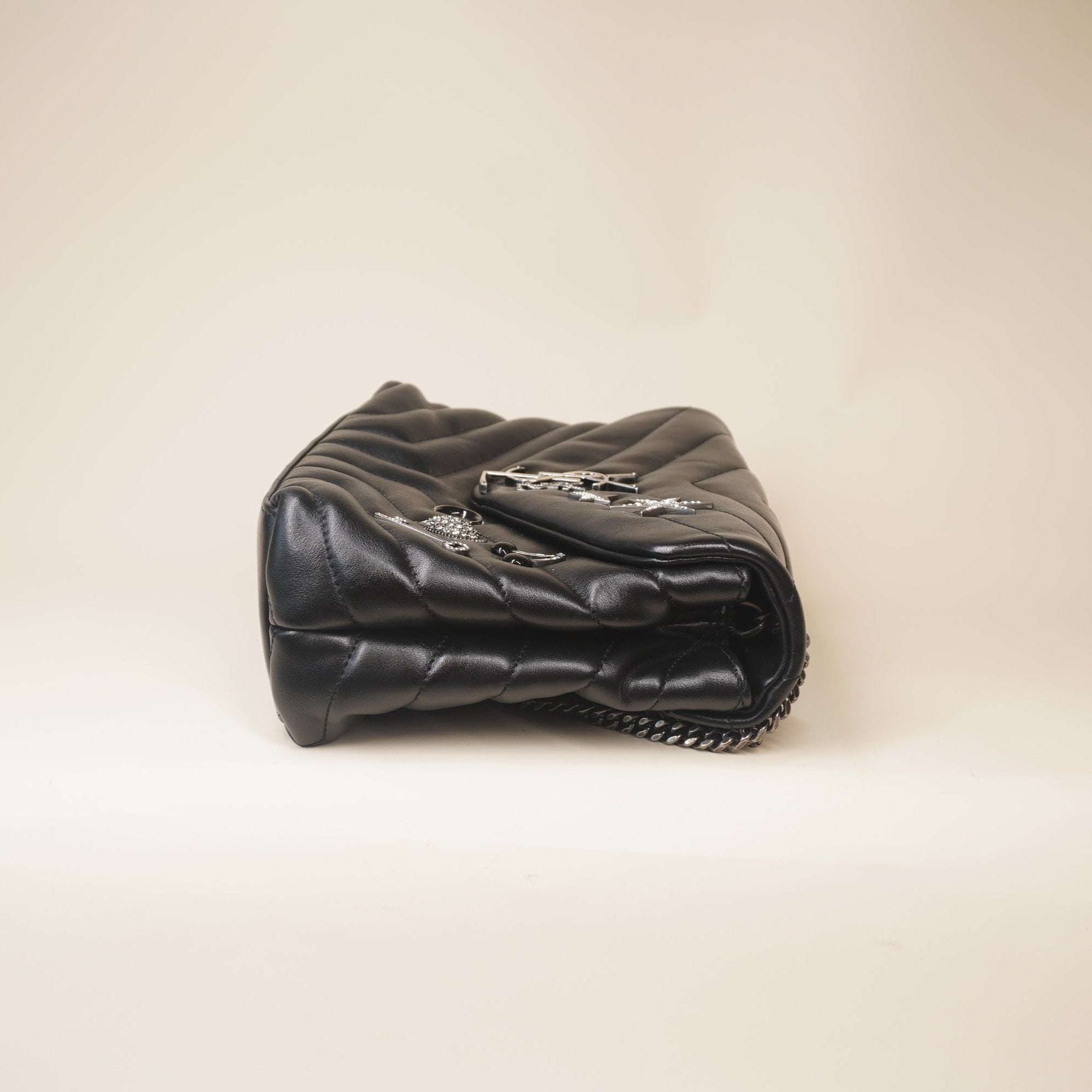 PRE-OWNED Calfskin Y Quilted Monogram Small Charm Loulou Chain Satchel Black