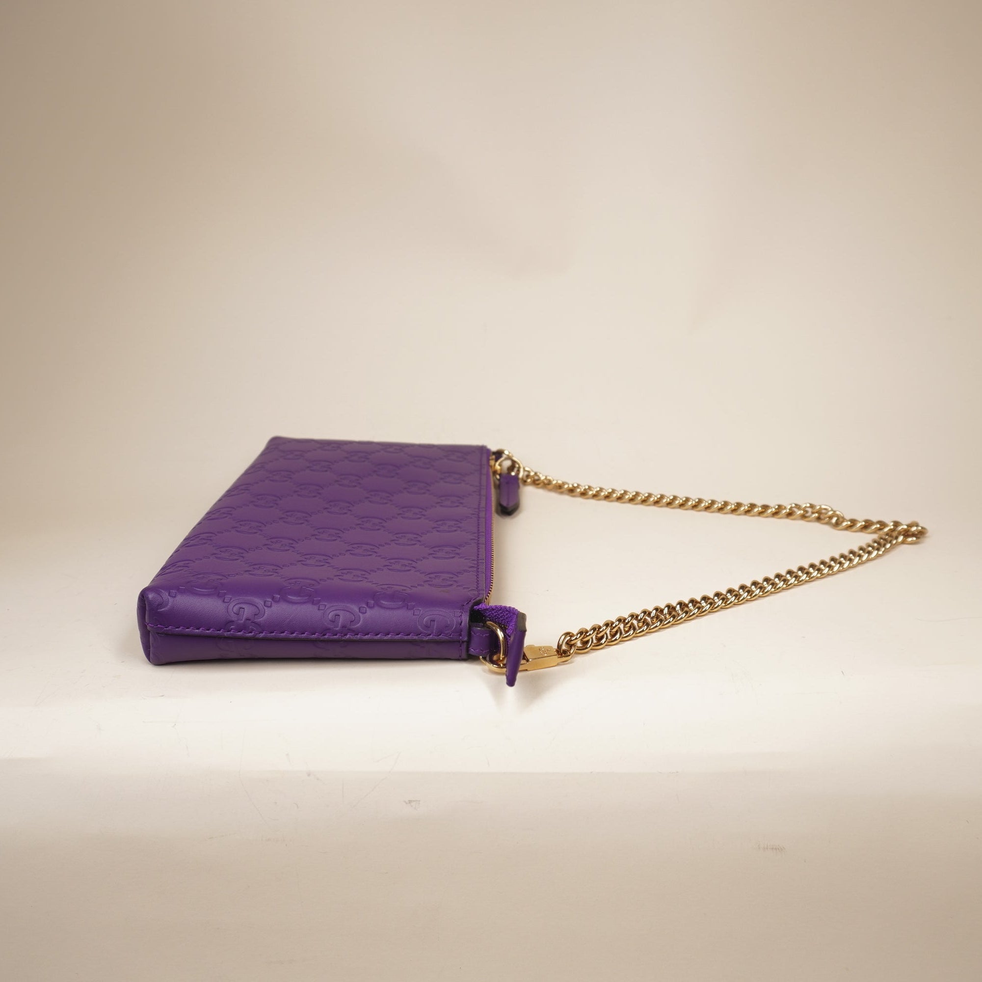 PRE-OWNED GG Purple Chain Wristlet Wallet Guccissima Leather