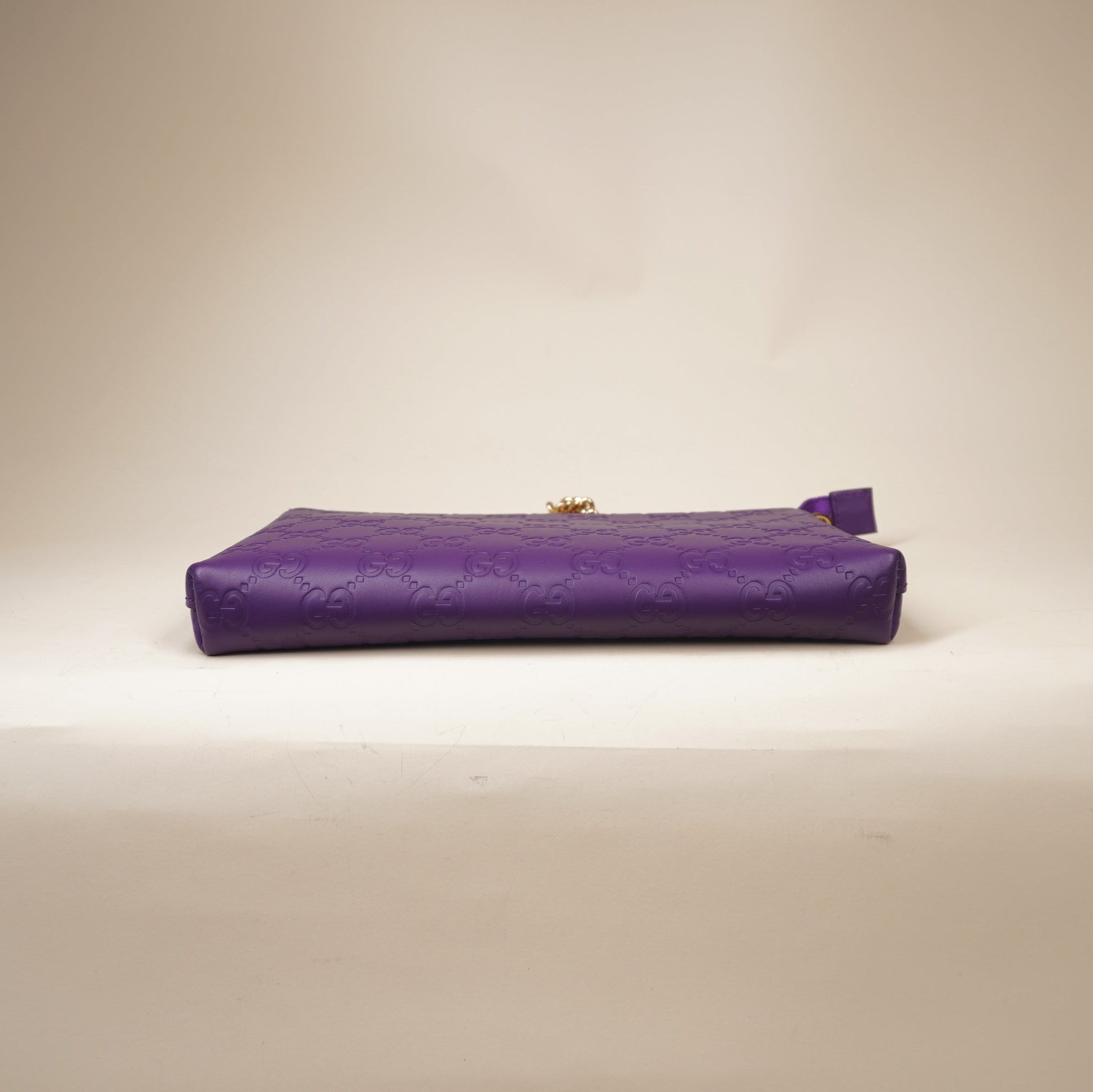 PRE-OWNED GG Purple Chain Wristlet Wallet Guccissima Leather