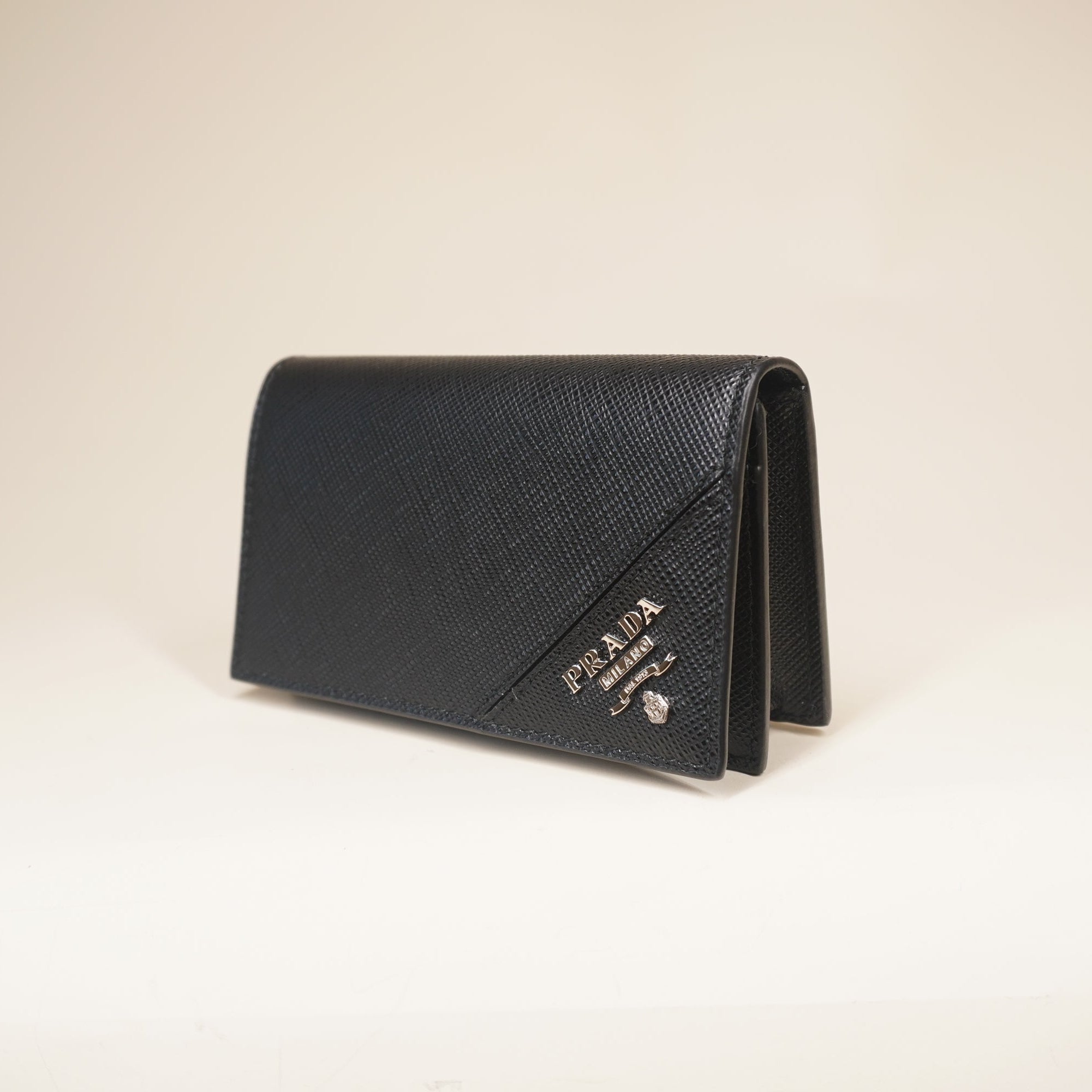 PRE-OWNED Black Saffiano Logo Plaque Cardholder
