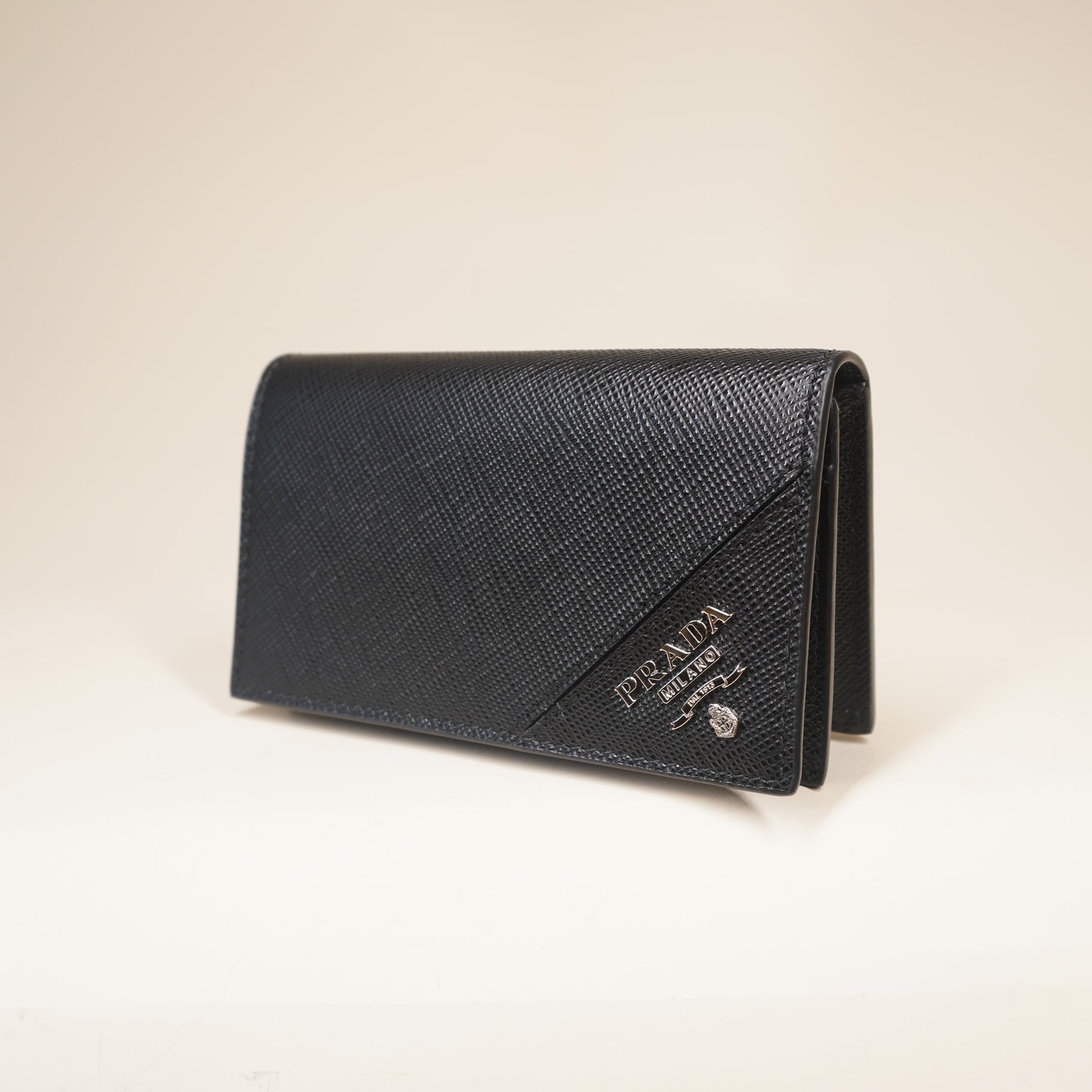PRE-OWNED Black Saffiano Logo Plaque Cardholder