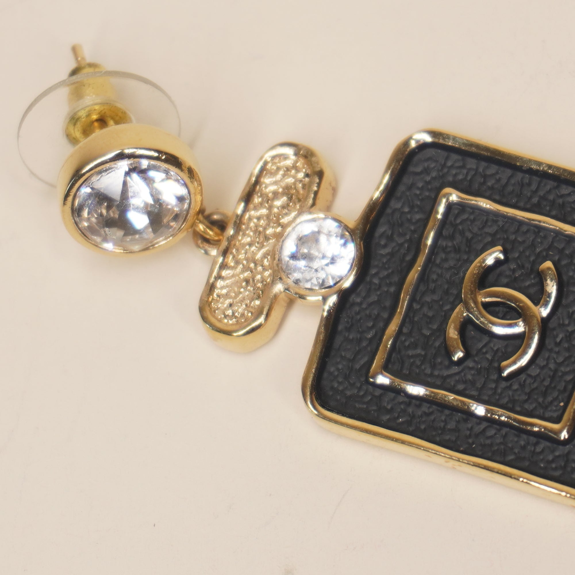 PRE-OWNED CC Black Gold Hardware Rhinestones Coco Earrings