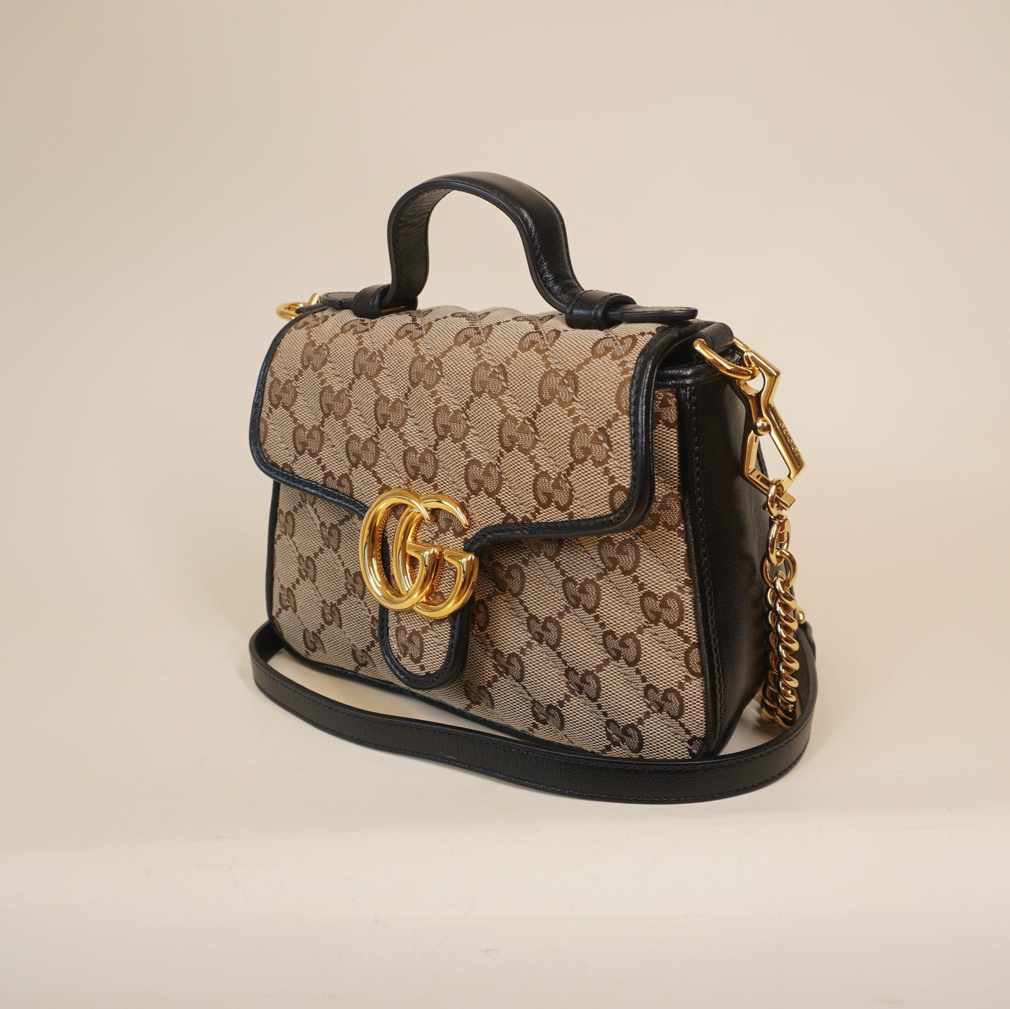 PRE-OWNED Monogram Azalea Calfskin Matelasse Diagonal Small GG Marmont Top Handle Shoulder Bag