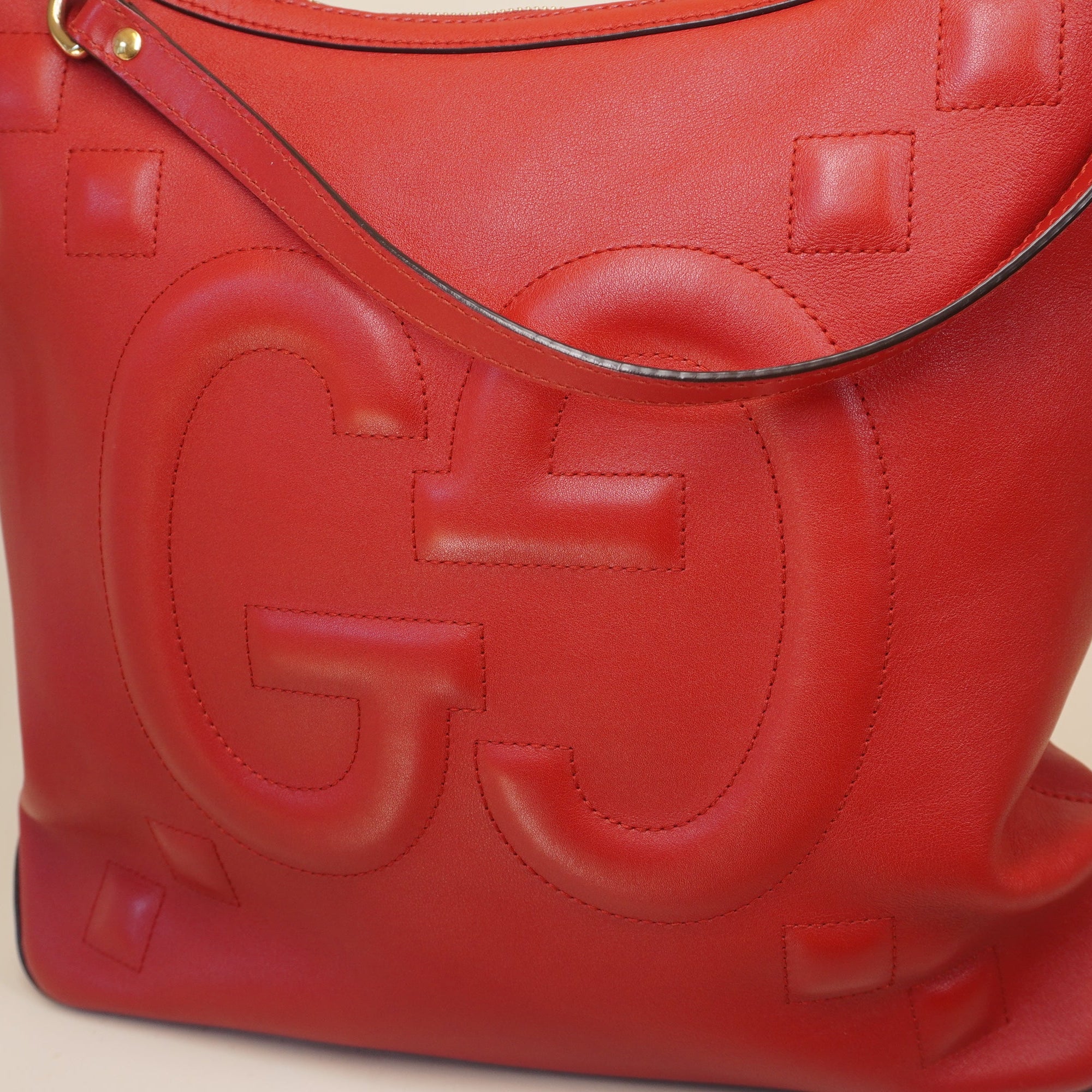 PRE-OWNED Apollo Calfskin GG Dadini Embroidered Chain Hobo Hibiscus Red