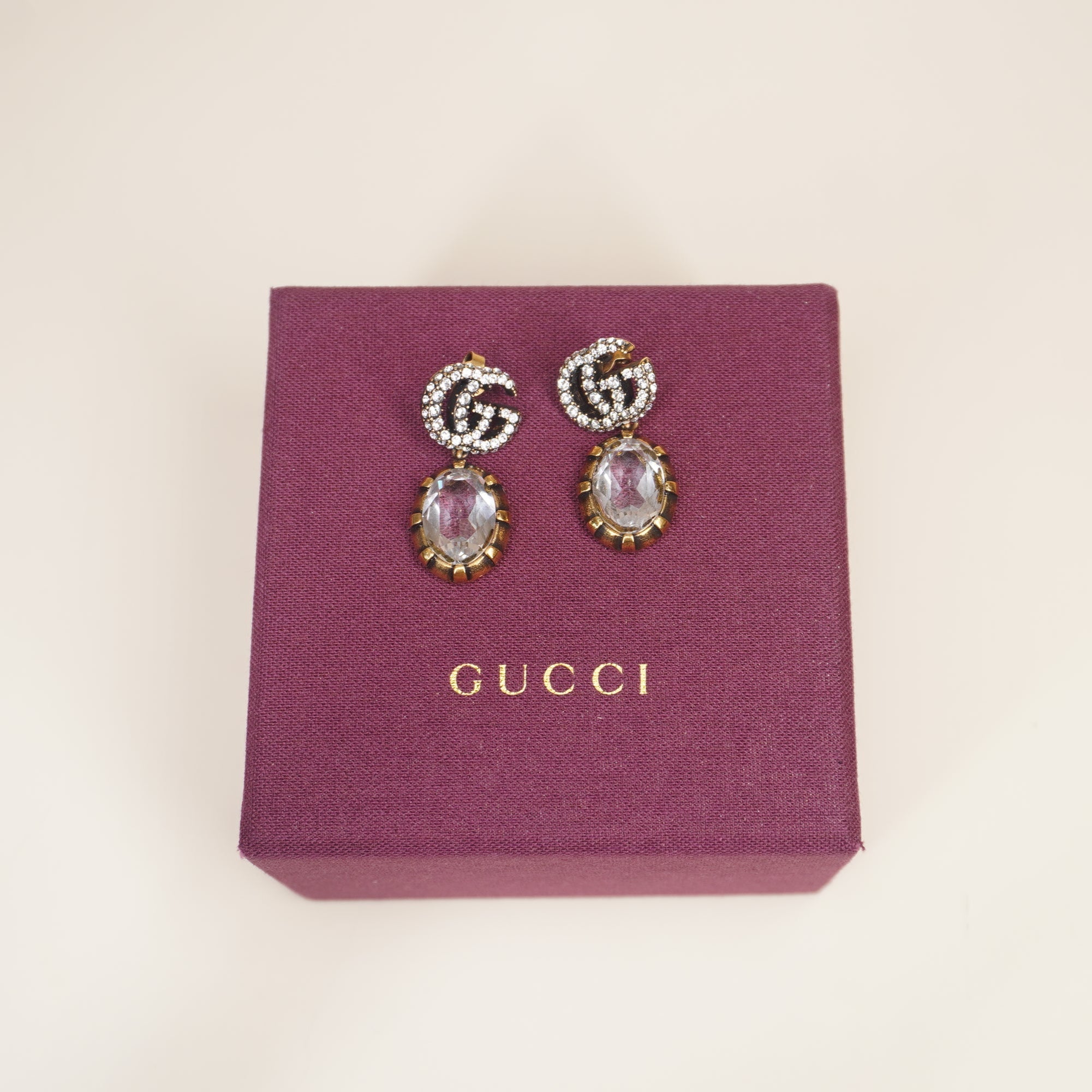 PRE-OWNED GG Metal Crystal Double G Drop Earrings Aged Gold