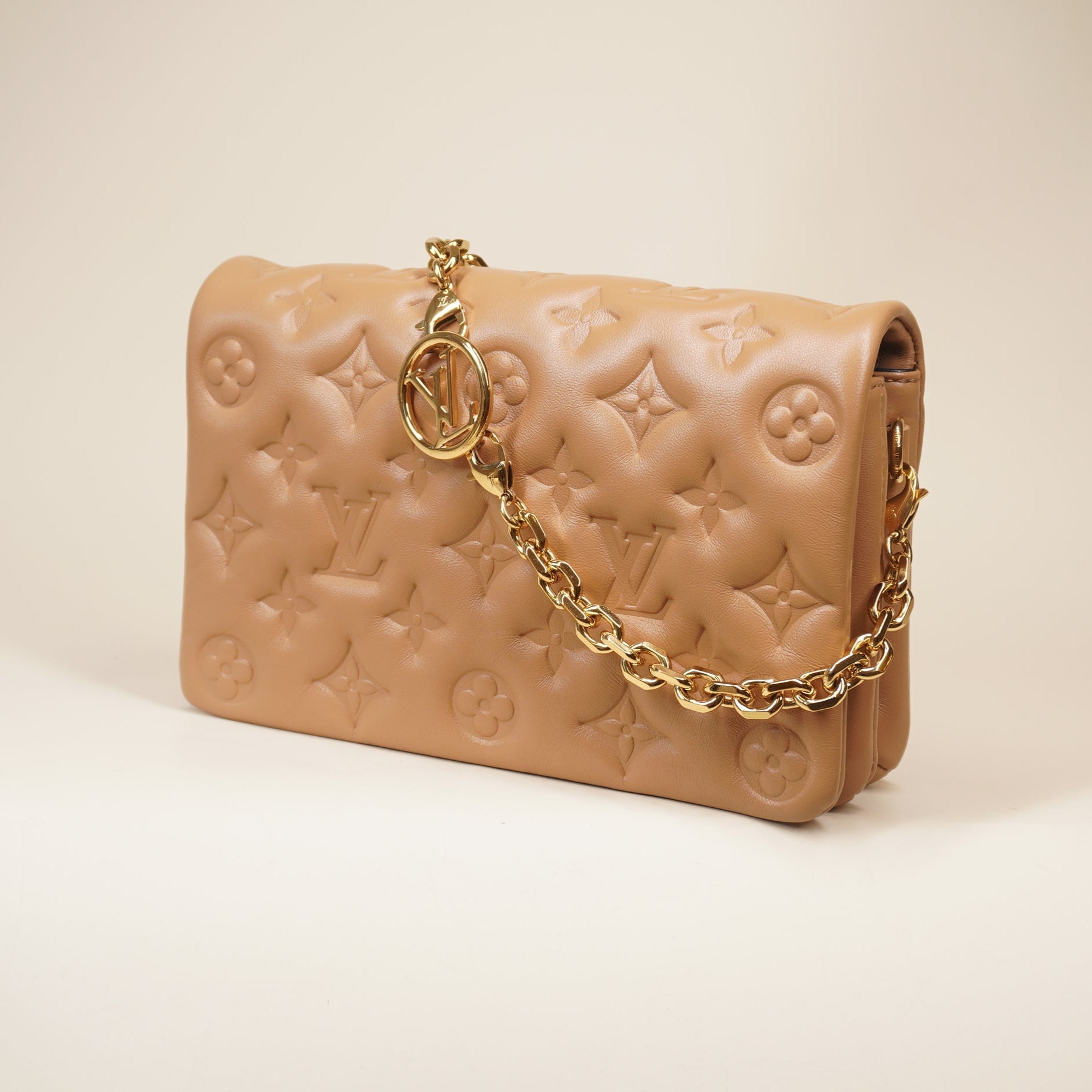 PRE-OWNED LV Camel Lambskin Embossed Monogram Pochette Coussin Shoulder Bag