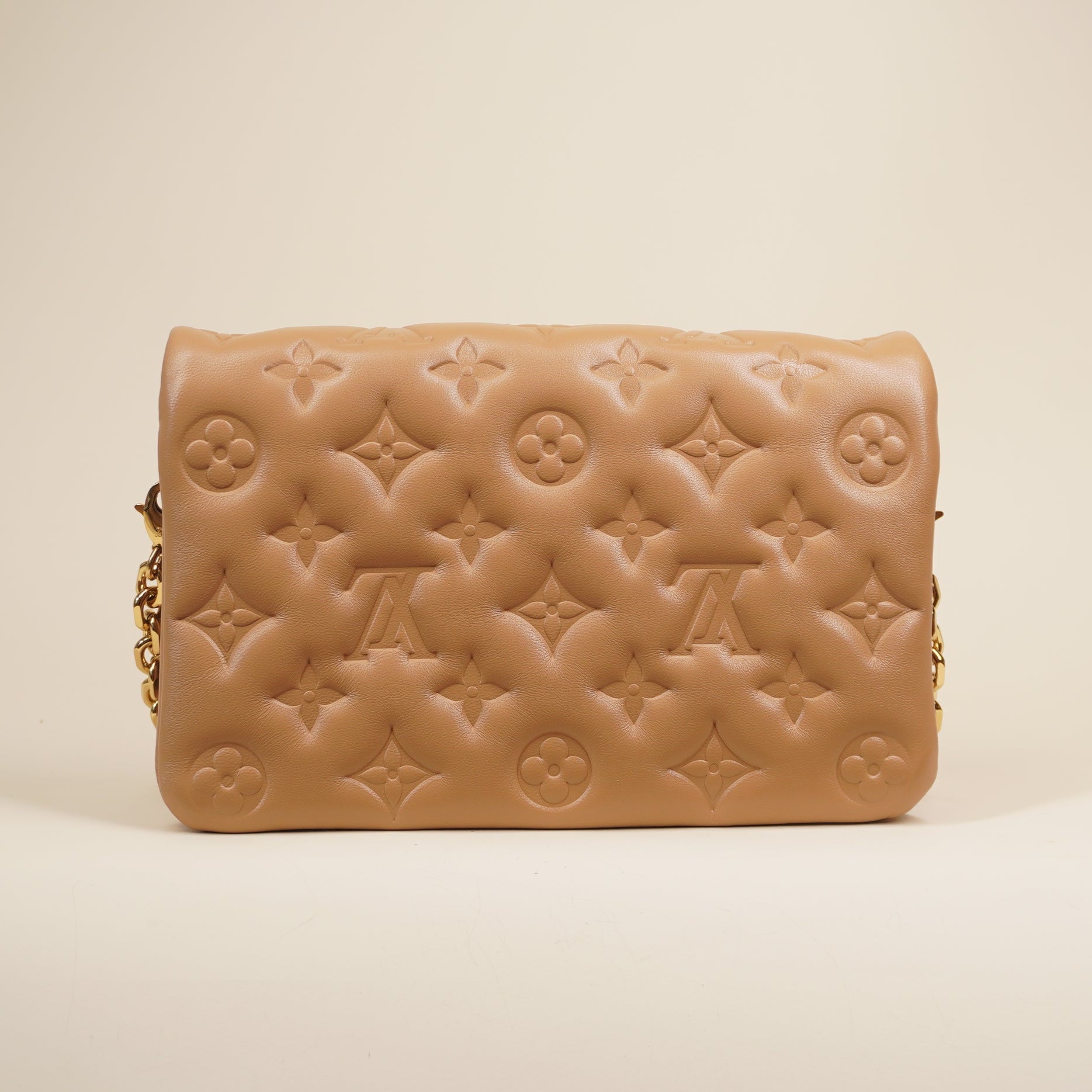 PRE-OWNED LV Camel Lambskin Embossed Monogram Pochette Coussin Shoulder Bag