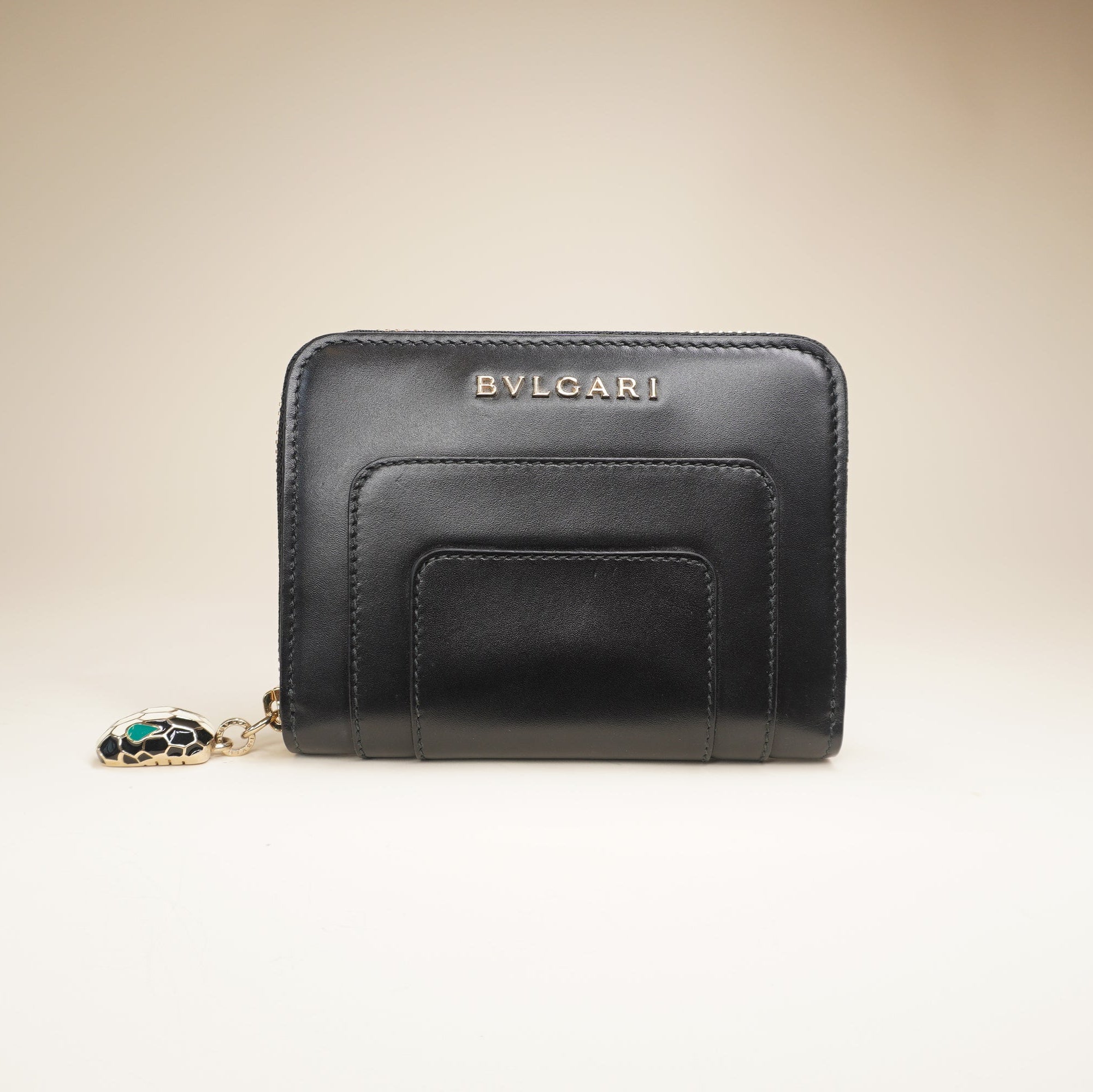 PRE-OWNED Black Calfskin Serpenti Zip Around Wallet